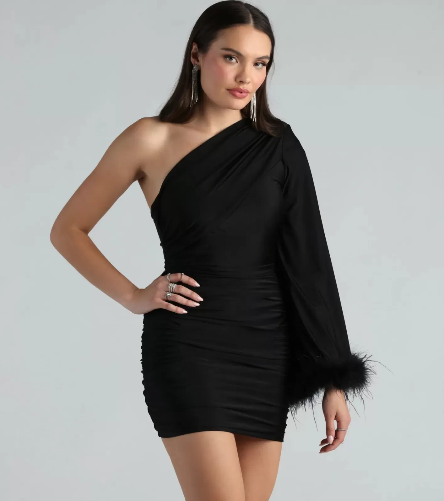 Windsor Brielle One-Shoulder Marabou Feather Trim Mini Dress BLACK Flash Sale