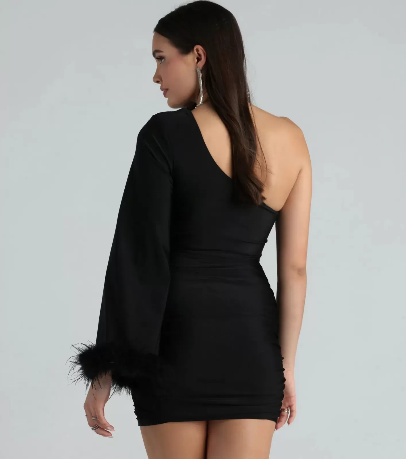 Windsor Brielle One-Shoulder Marabou Feather Trim Mini Dress BLACK Flash Sale