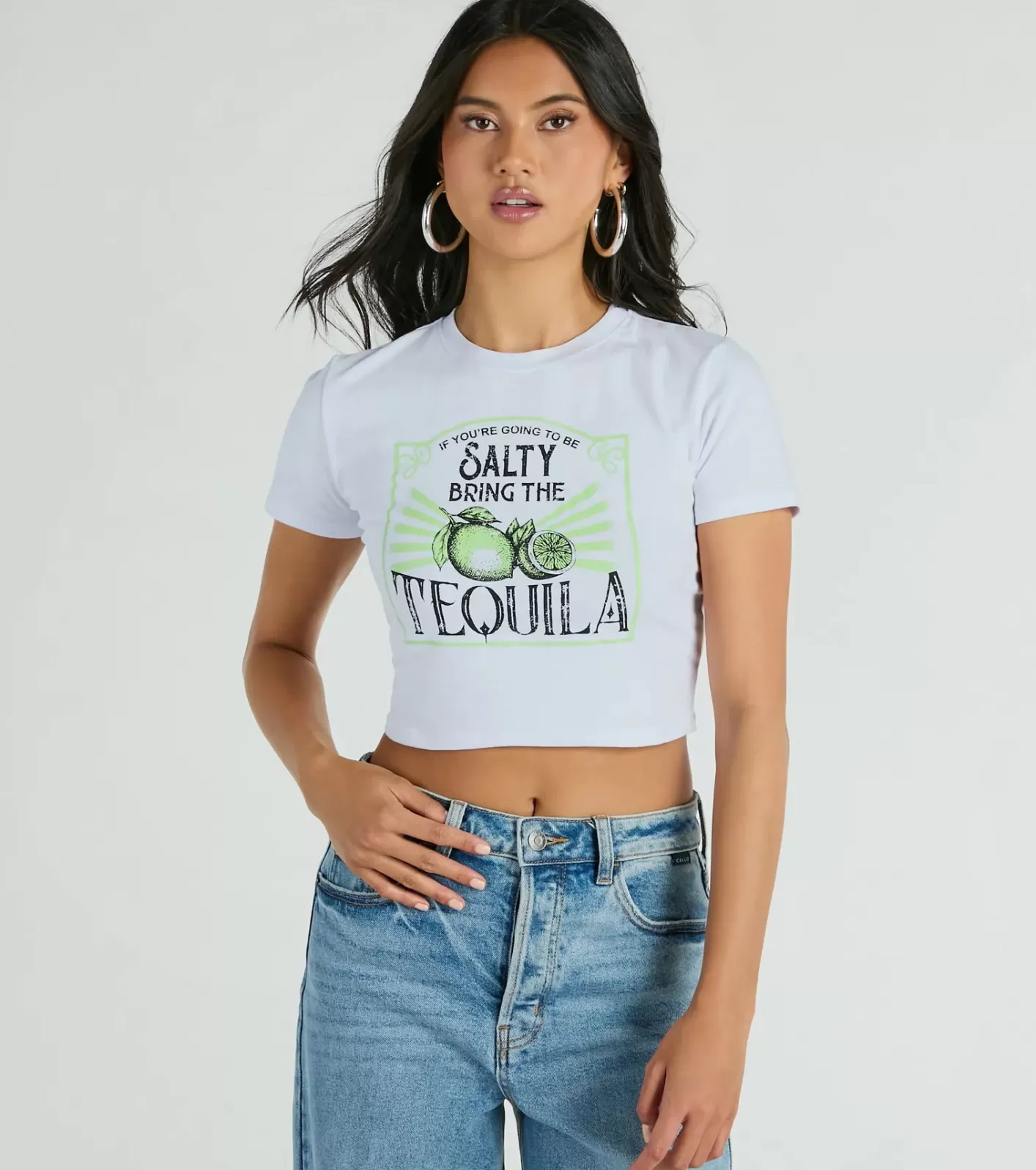 Windsor Bring The Tequila Short Sleeve Crop Graphic Tee WHITE Best Sale