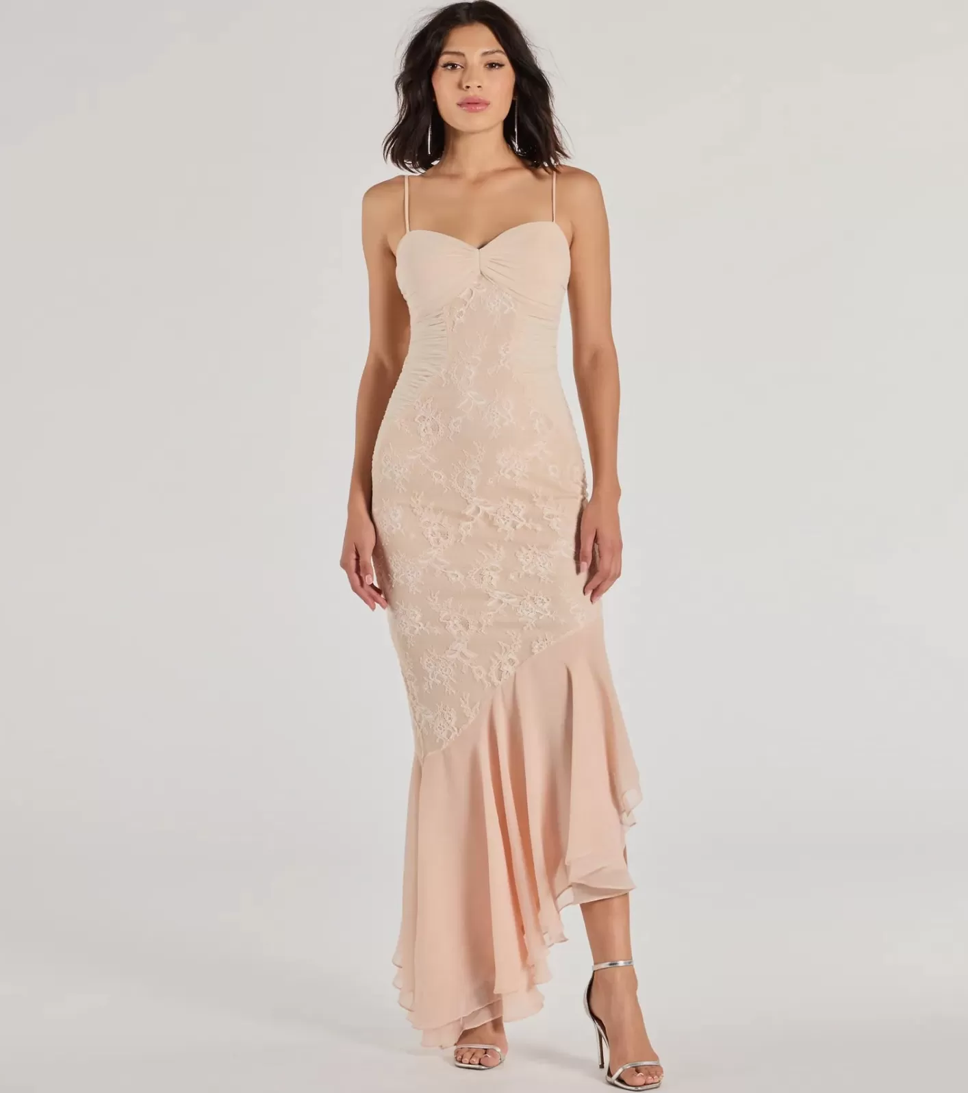 Windsor Brinley Lace Chiffon Asymmetric Mermaid Dress IVORY Cheap