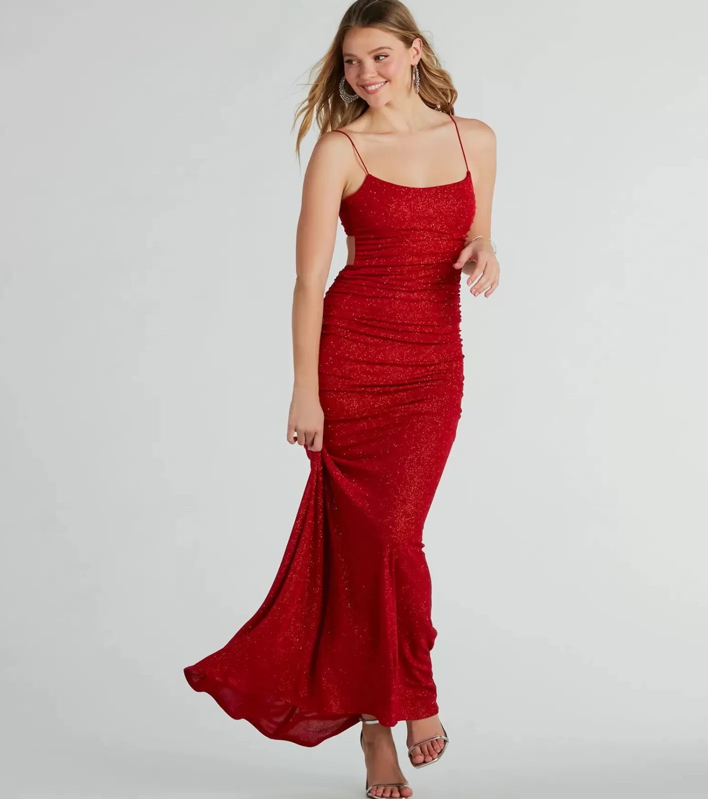 Windsor Britnee Formal Glitter Open Back Long Dress RED Best Sale