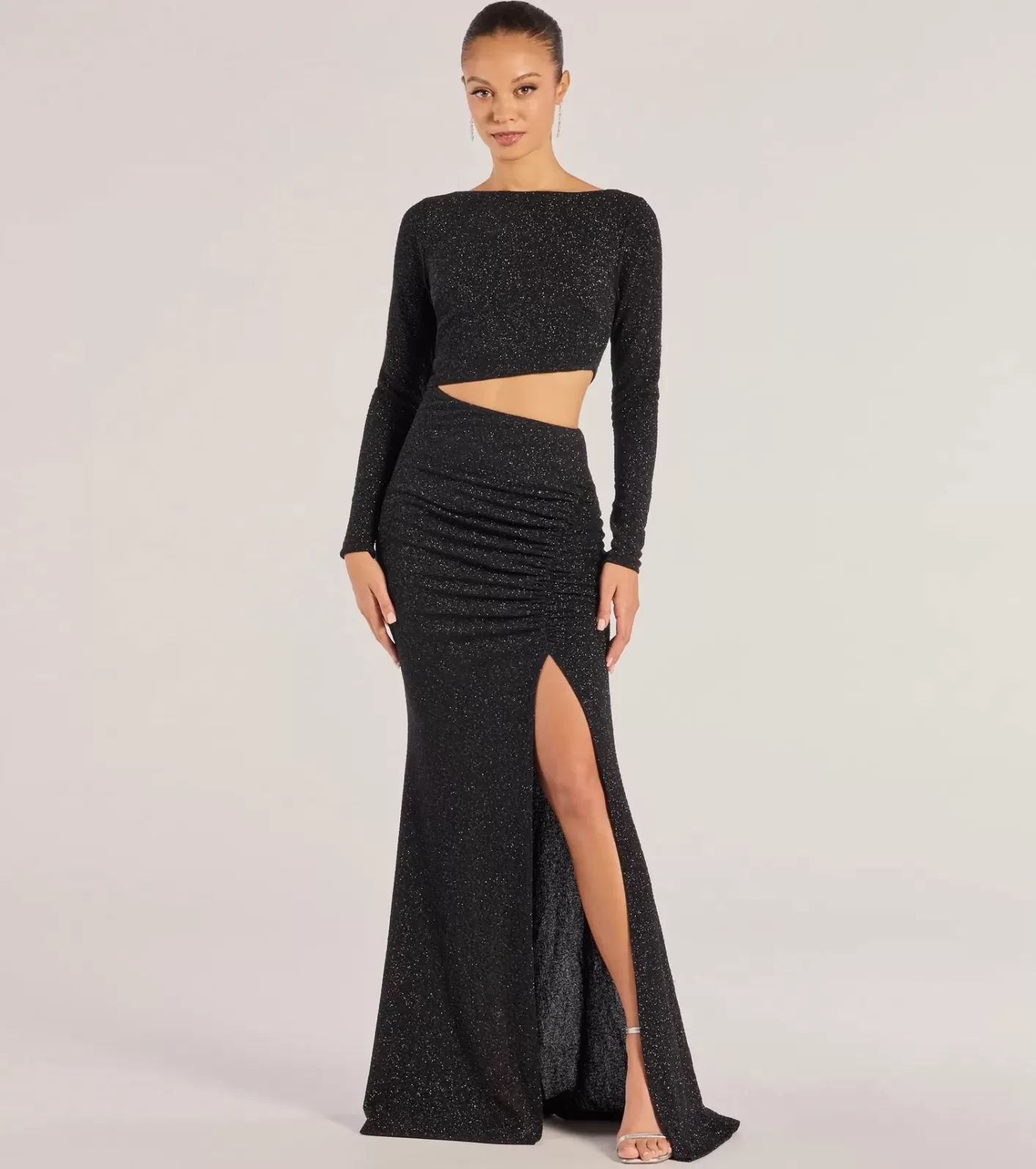 Windsor Brynn Long Sleeve Glitter Cutout Mermaid Dress BLACK Cheap
