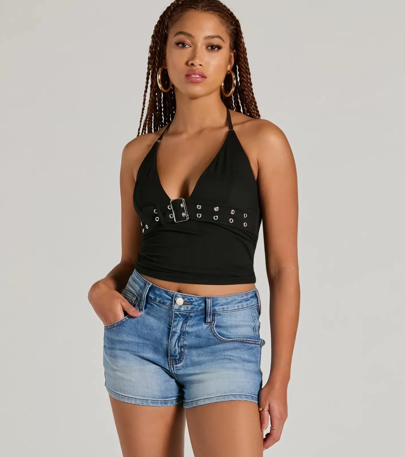 Windsor Buckle Down Halter V-Neck Crop Top BLACK Hot