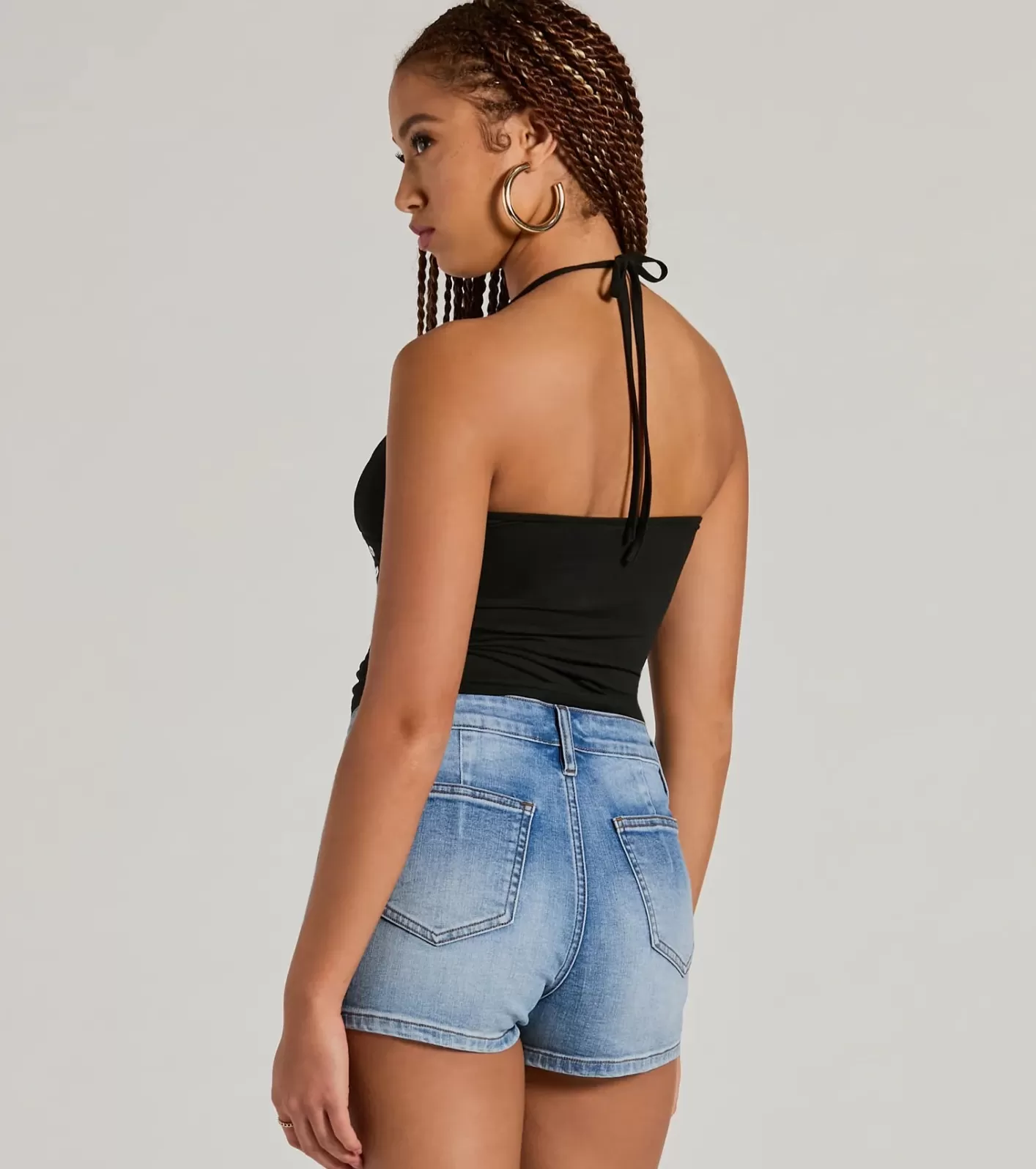 Windsor Buckle Down Halter V-Neck Crop Top BLACK Hot