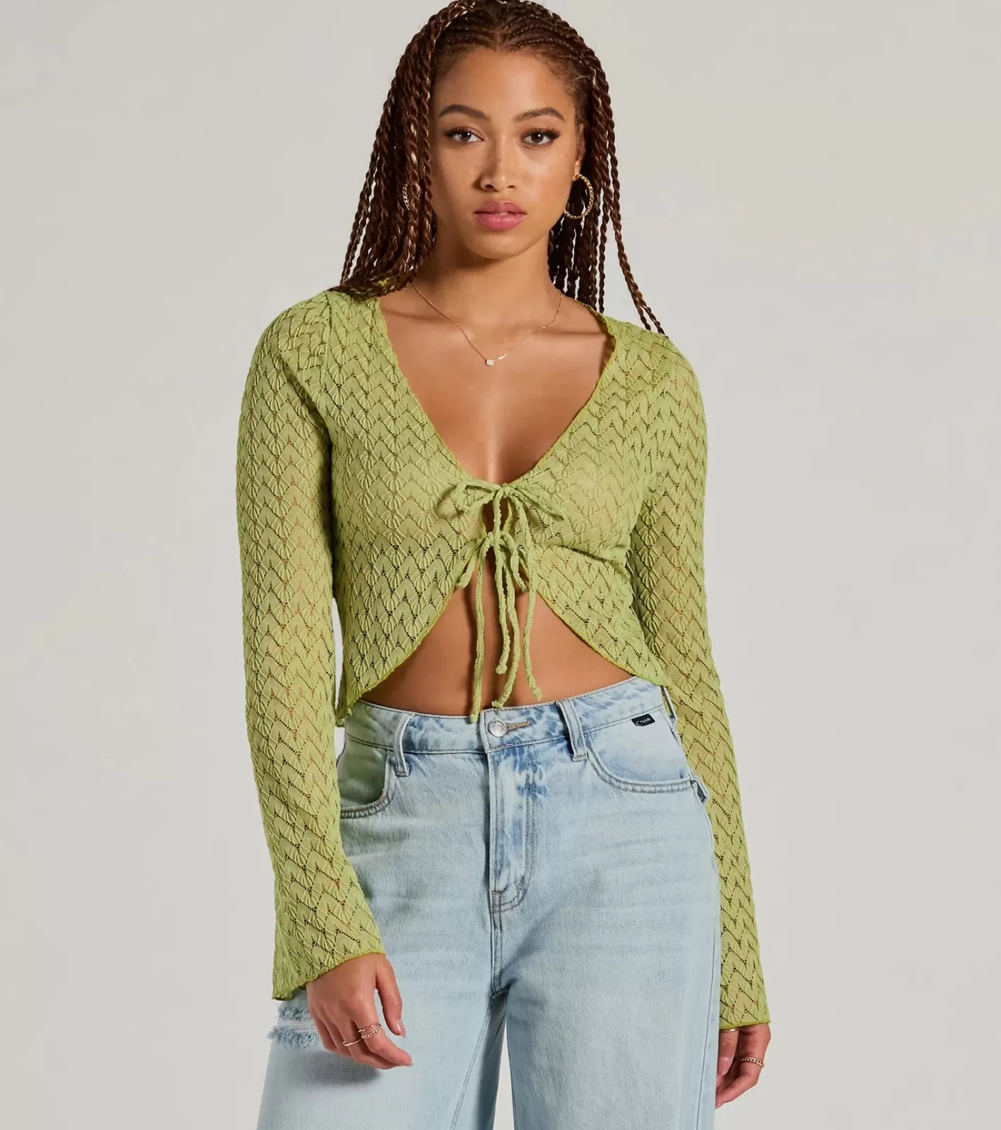 Windsor Cabana Honey Tie Front Crochet Crop Sweater LIME Sale