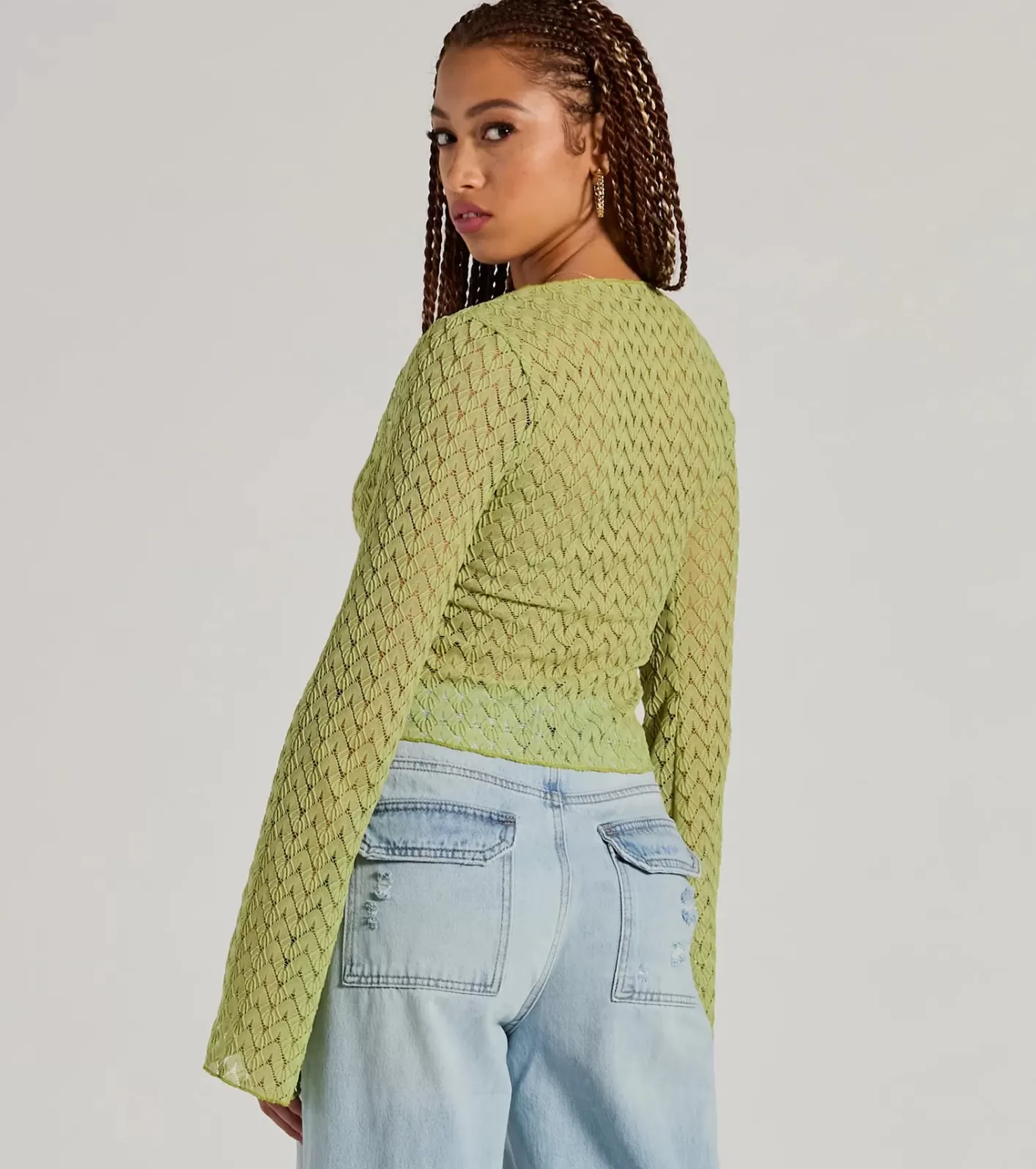 Windsor Cabana Honey Tie Front Crochet Crop Sweater LIME Sale