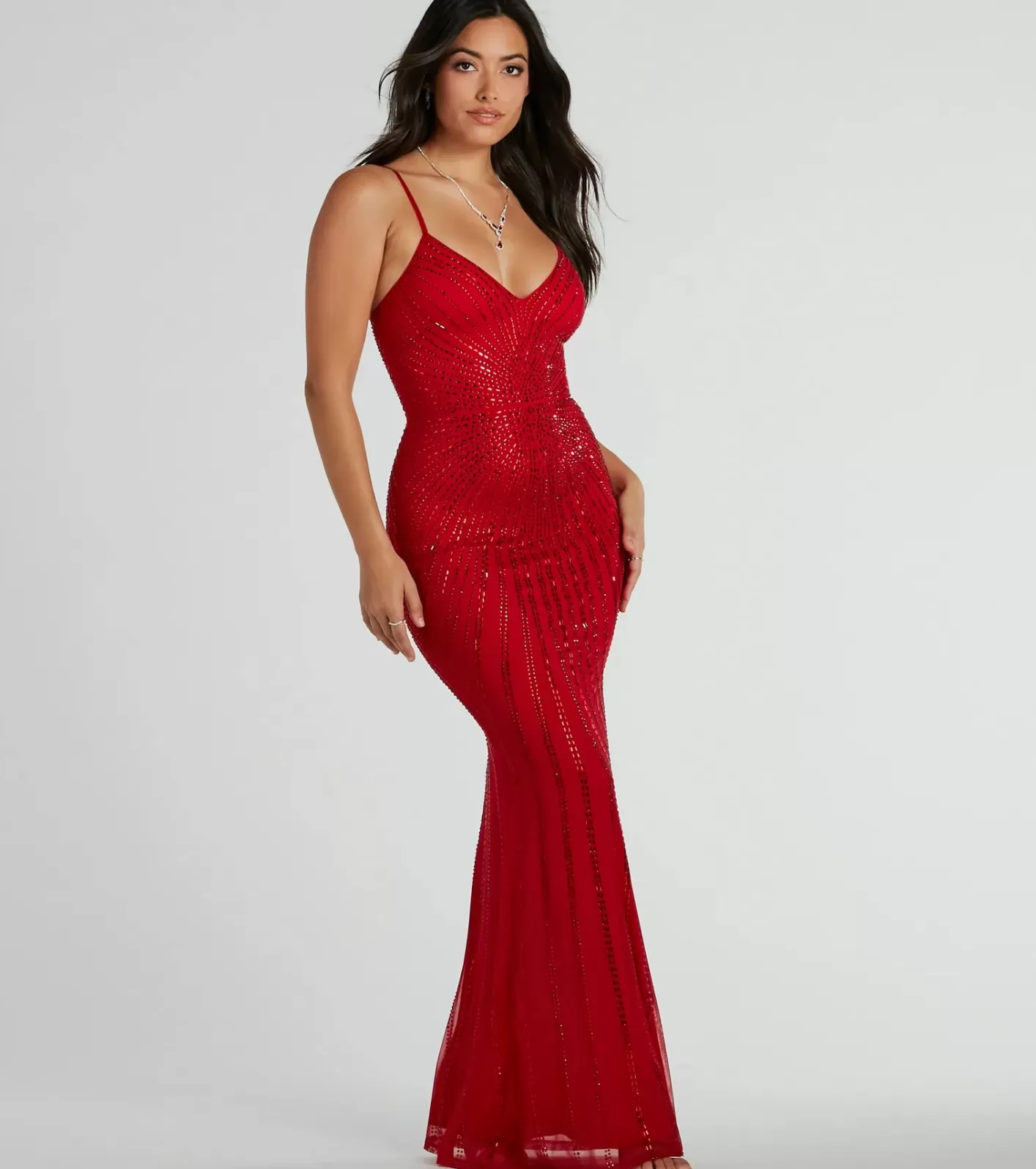 Windsor Cameron V-Neck Rhinestone Slim Formal Dress RED Flash Sale