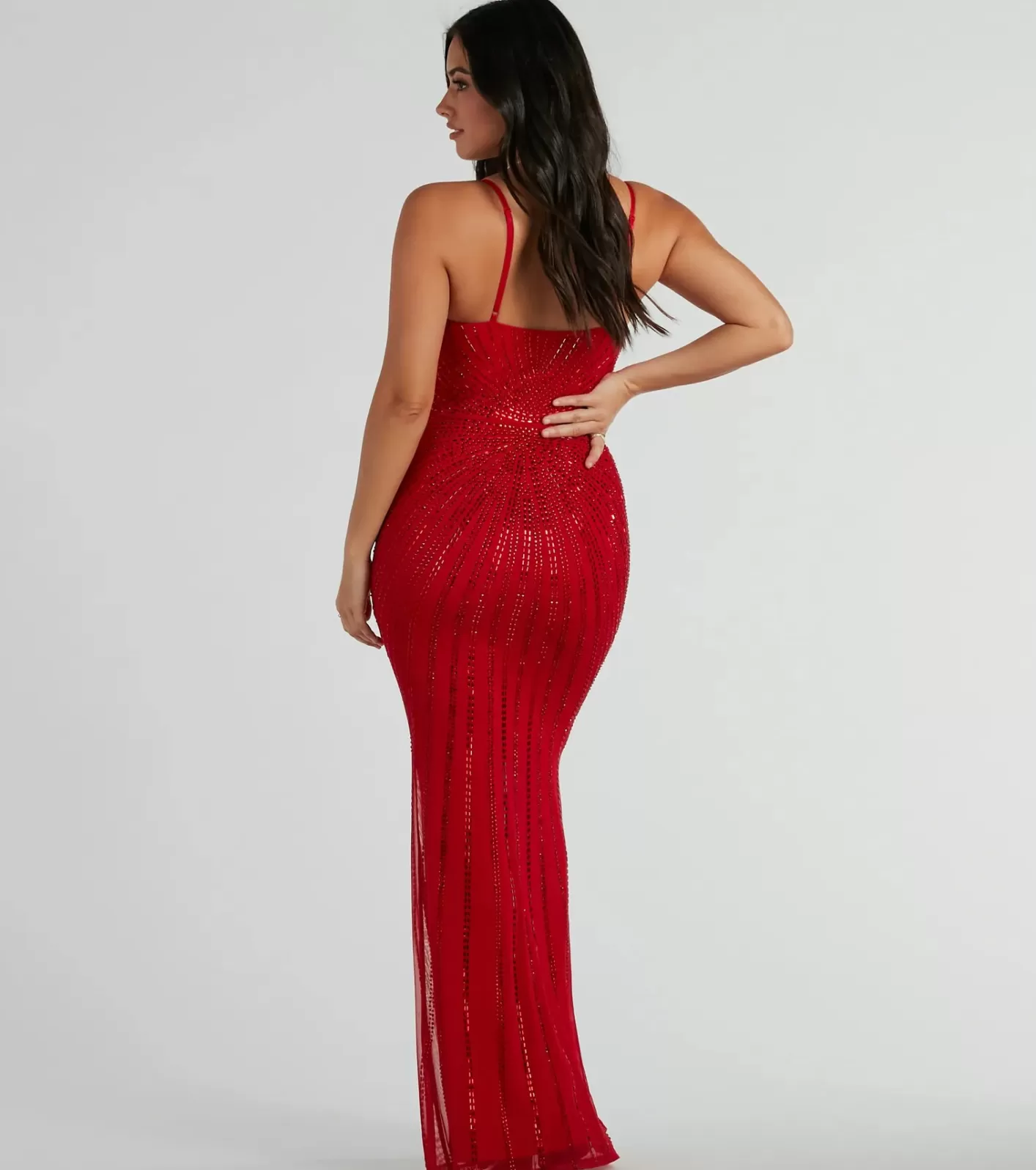 Windsor Cameron V-Neck Rhinestone Slim Formal Dress RED Flash Sale