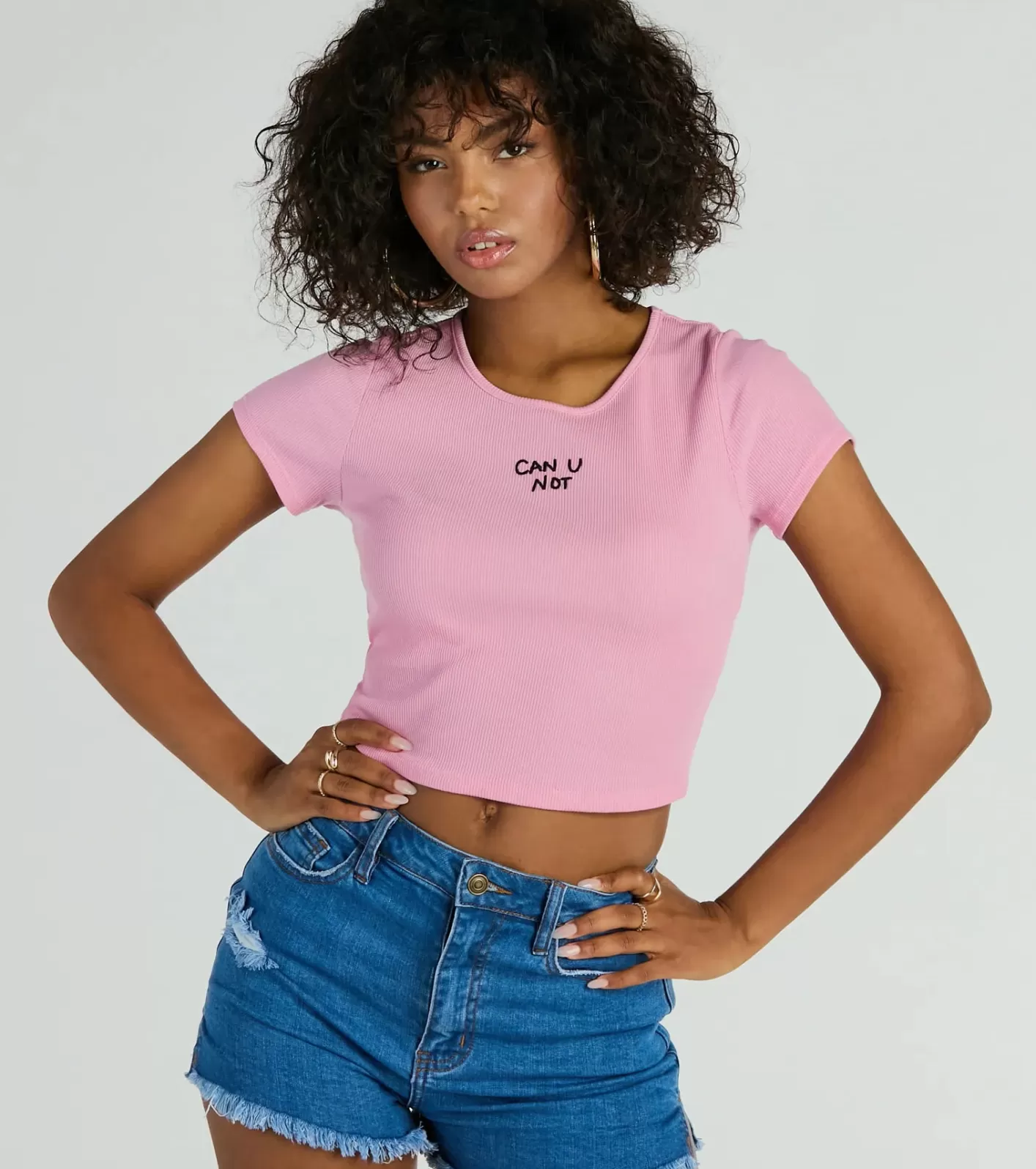 Windsor Can U Not Crew Neck Crop Tee PINK Clearance