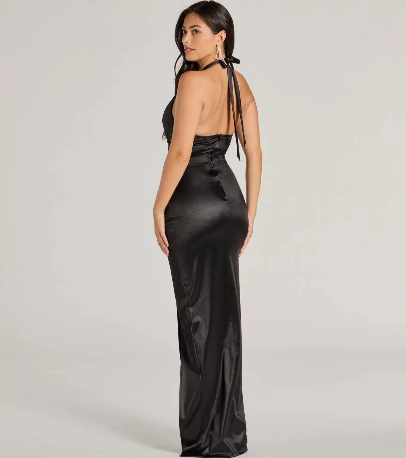Windsor Candance Halter Pleated Wrap Slim Satin Formal Dress BLACK Cheap