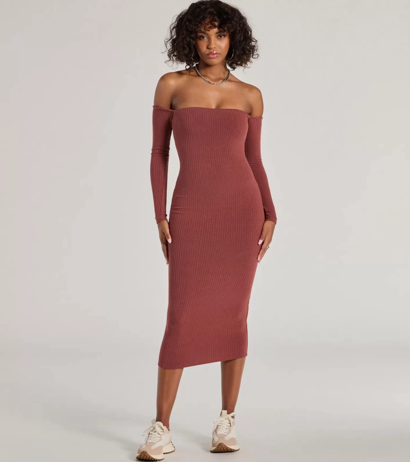 Windsor Carefree Chic Long Sleeve Ribbed Knit Midi Dress DARKMARSALA Online