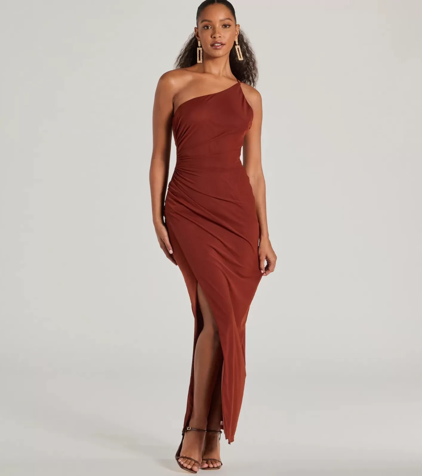 Windsor Carrie One Shoulder Open Back Mesh Formal Dress BROWN Best