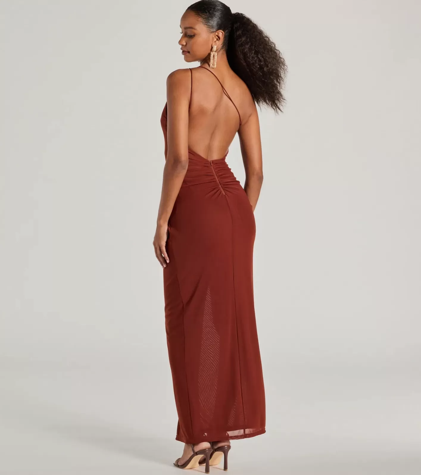 Windsor Carrie One Shoulder Open Back Mesh Formal Dress BROWN Best