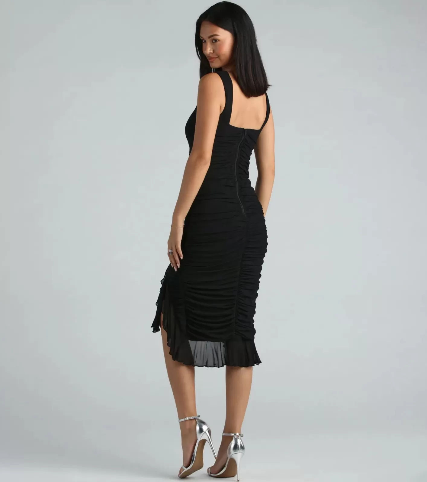 Windsor Casey Formal Mesh High Neck Ruffle Midi Dress BLACK Best Sale