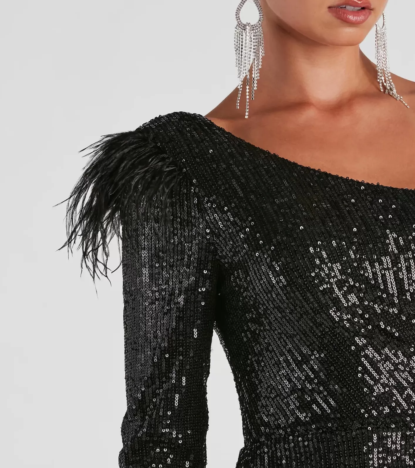 Windsor Cassidy Formal Sequin Feather Dress BLACK Cheap