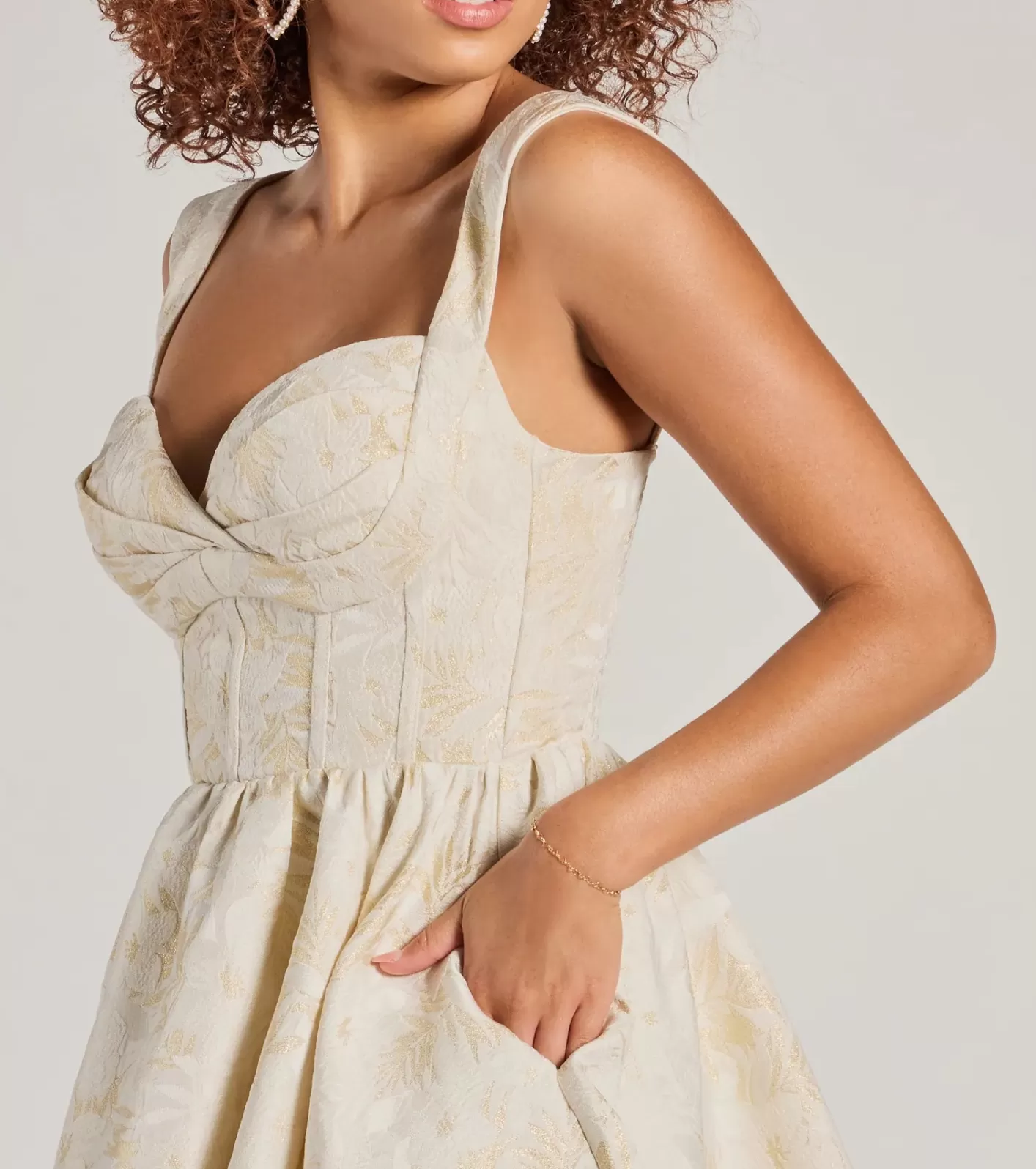 Windsor Cassie Corset Floral Jacquard Party Skater Dress IVORY Cheap