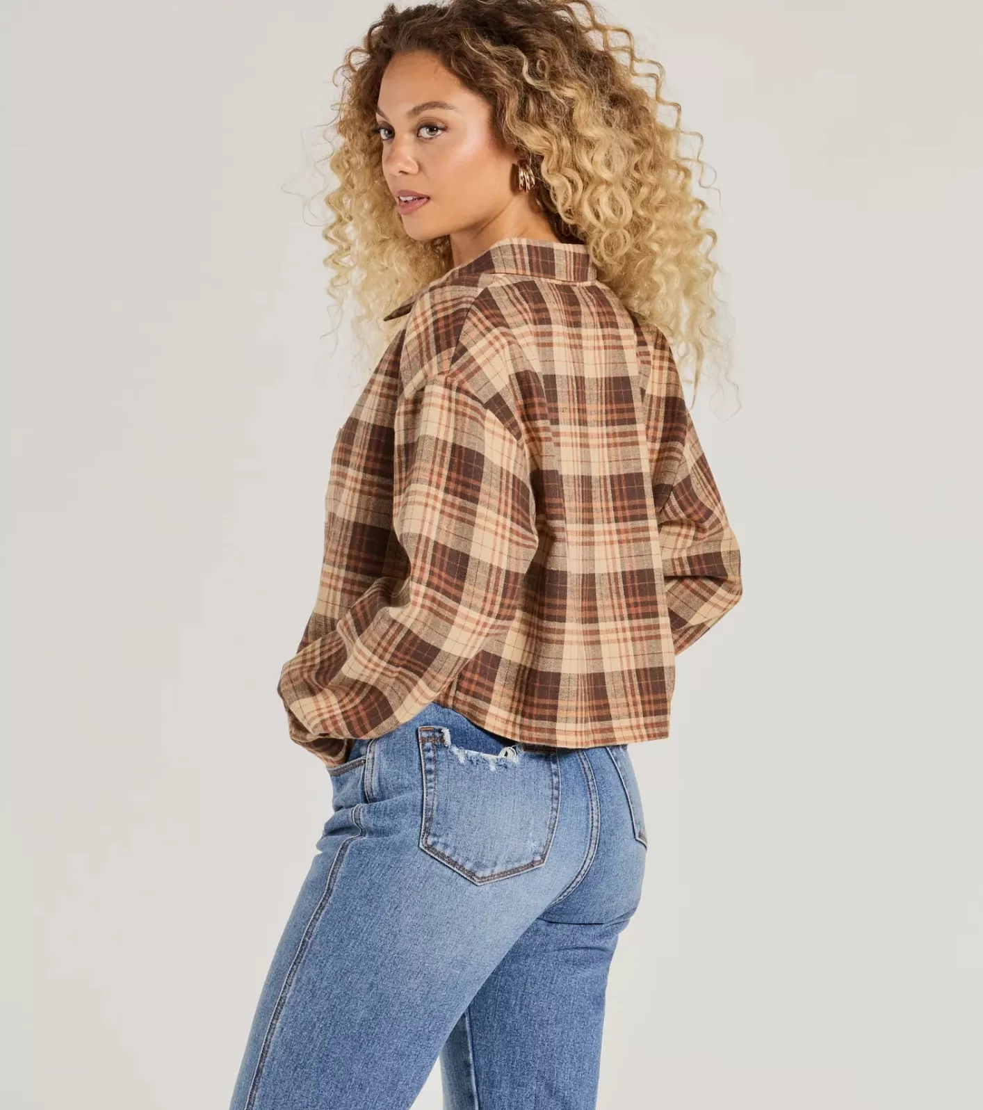Windsor Casual Act Button-Up Plaid Crop Top BROWN Online