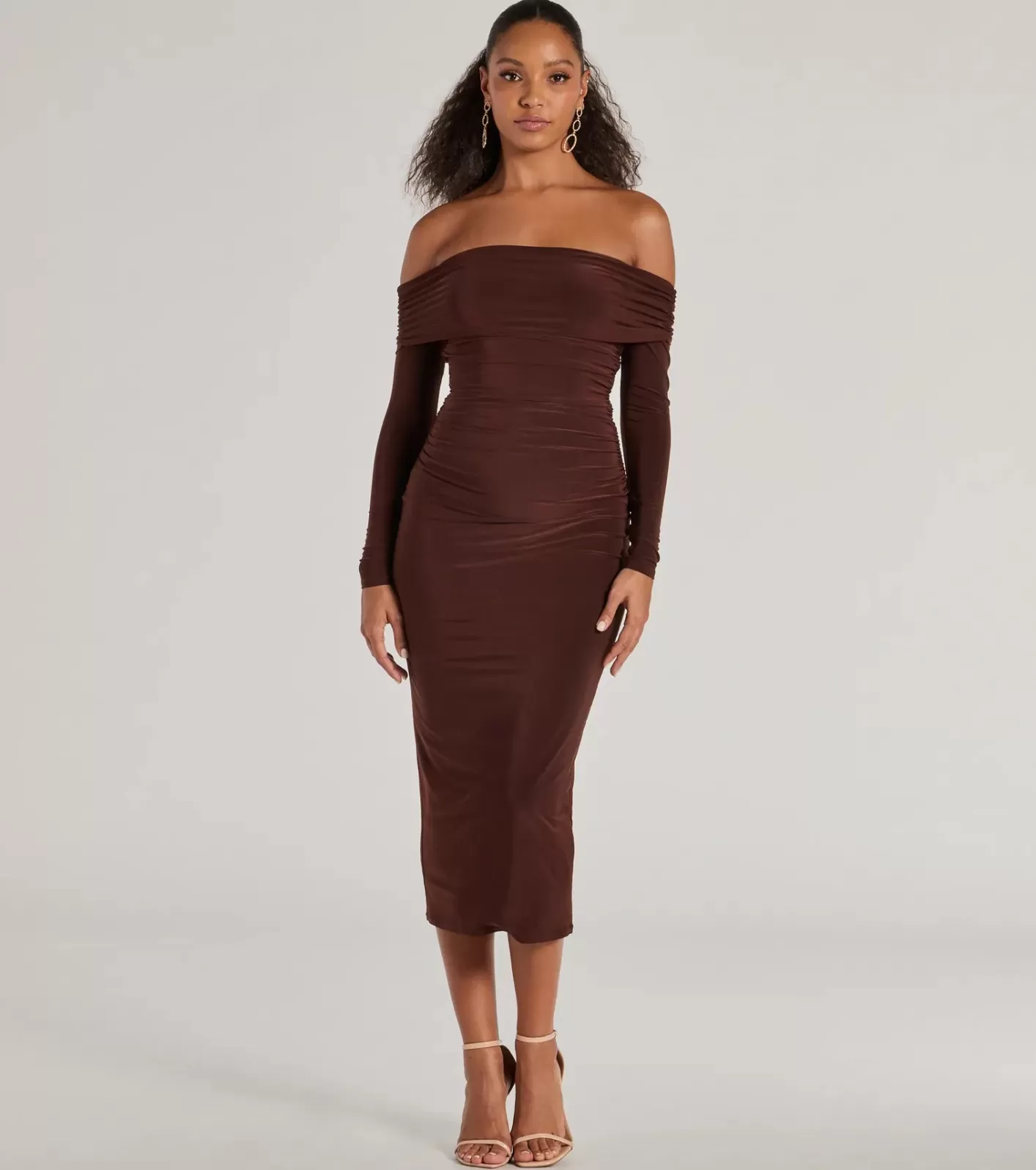 Windsor Casual Affair Long Sleeve Ruched Midi Dress BROWN Discount