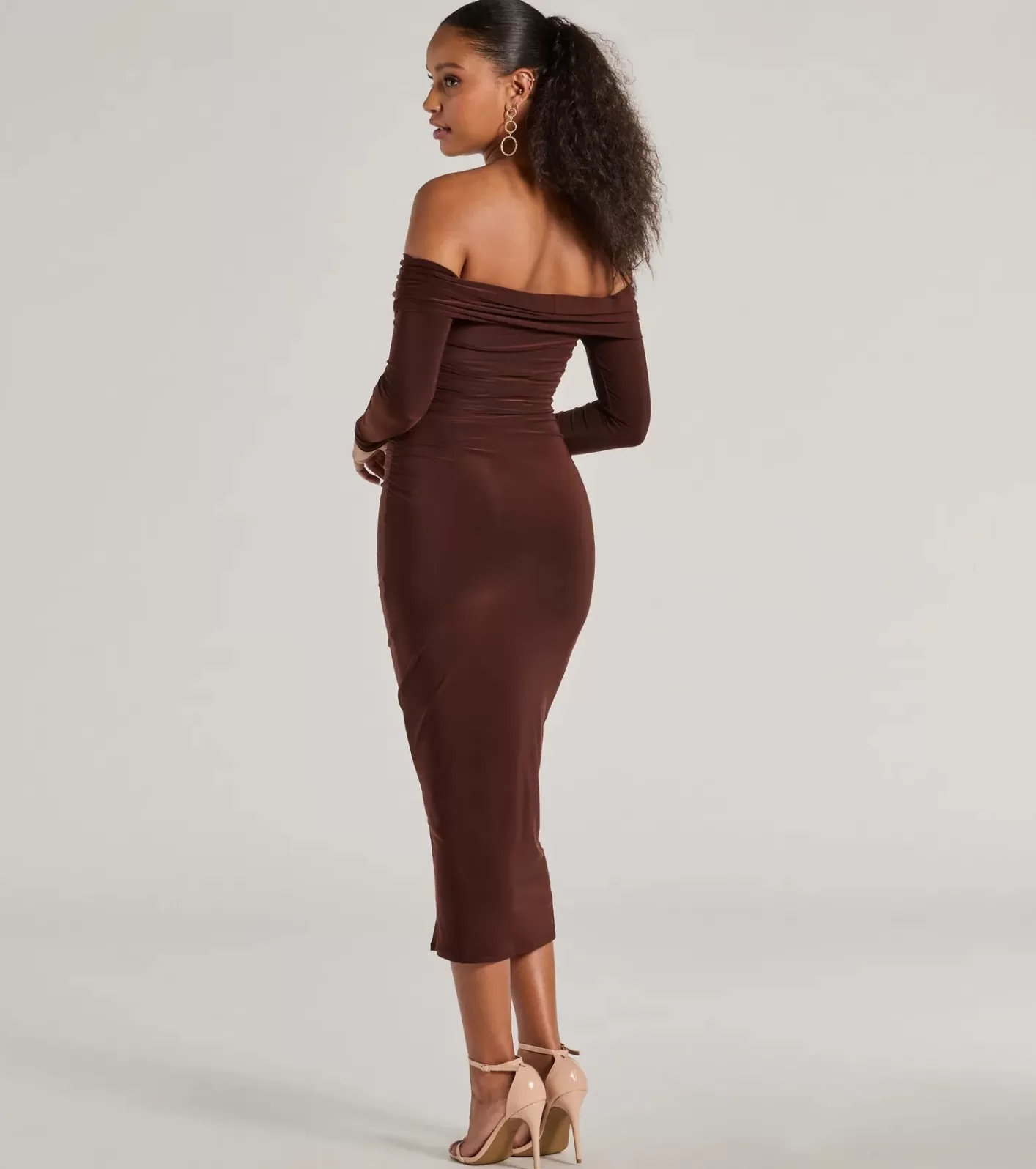 Windsor Casual Affair Long Sleeve Ruched Midi Dress BROWN Discount