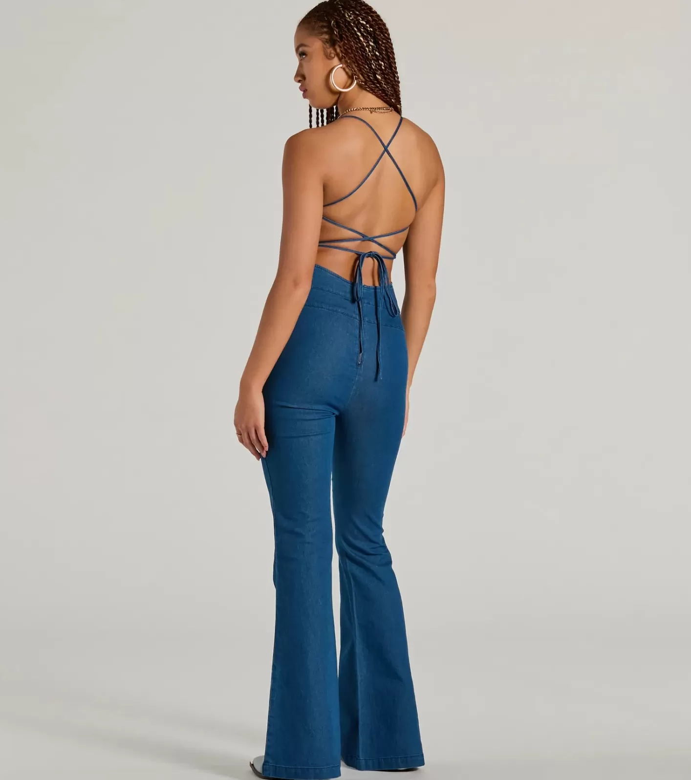 Windsor Casual And Cool Lace-Up Flare Denim Jumpsuit DARKDENIM Best