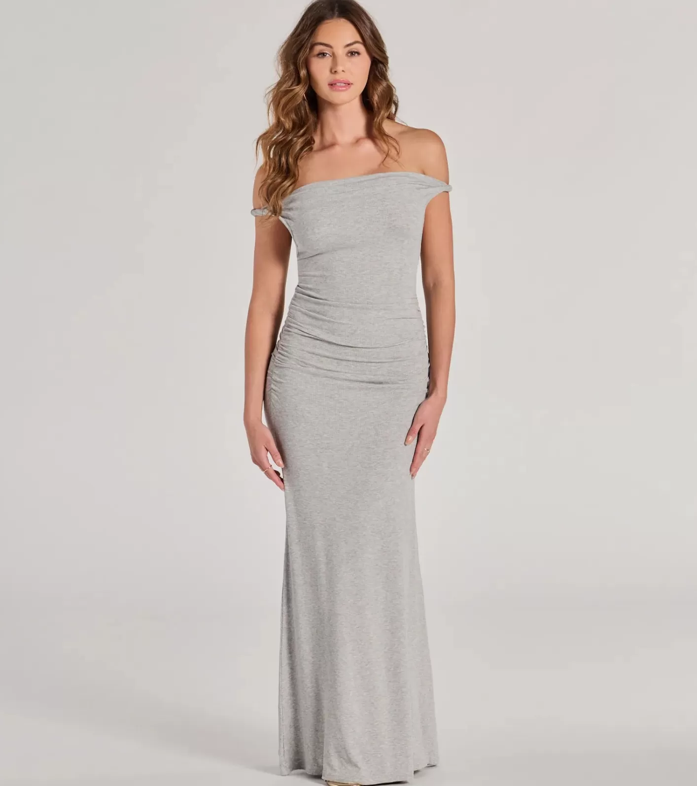 Windsor Casual Chic Ruched Ribbed Knit Maxi Dress GRAY Fashion