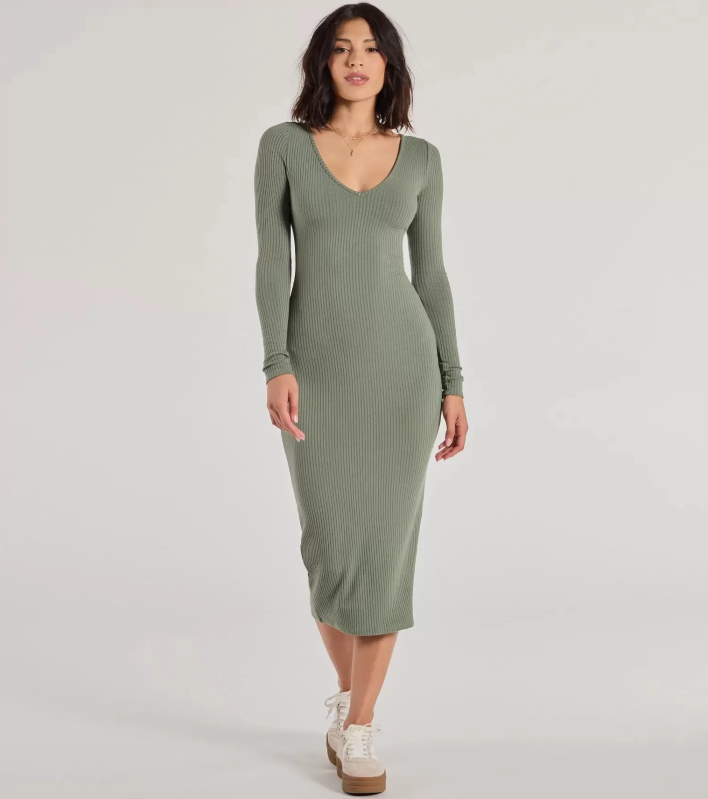 Windsor Casual Chic Style Long Sleeve Ribbed Knit Midi Dress SAGE New