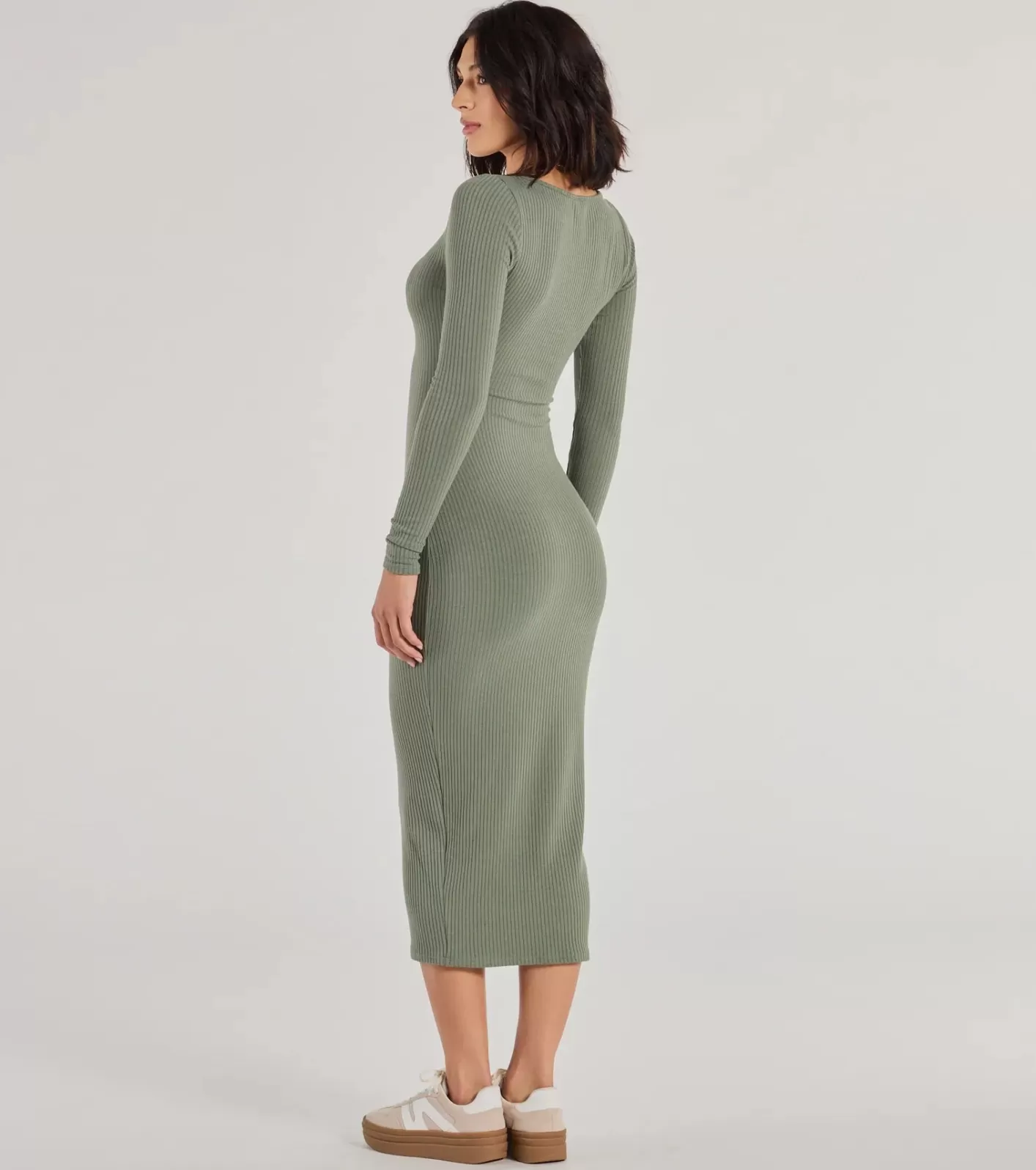 Windsor Casual Chic Style Long Sleeve Ribbed Knit Midi Dress SAGE New
