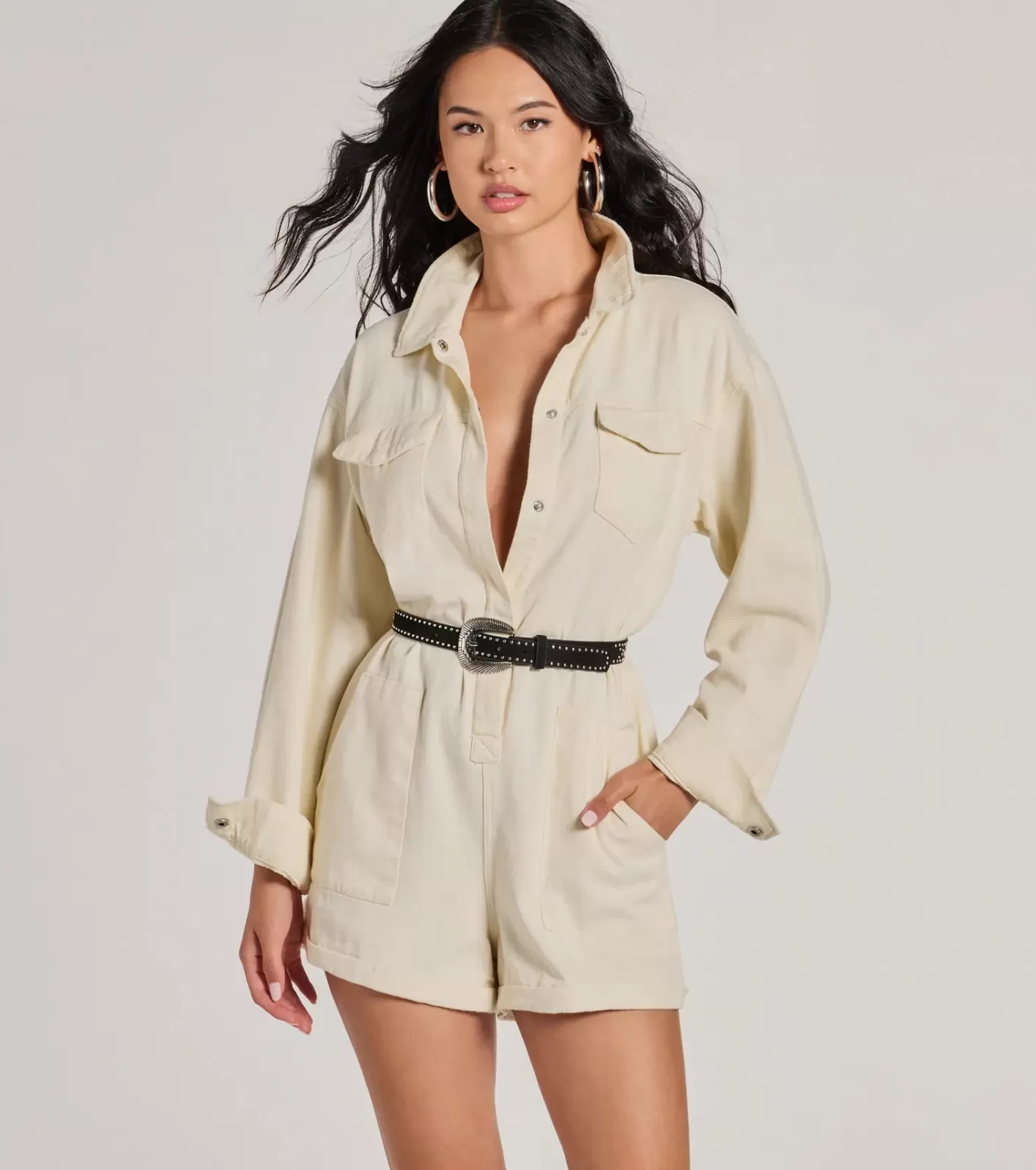 Windsor Casually Cool Long Sleeve Denim Romper IVORY Cheap