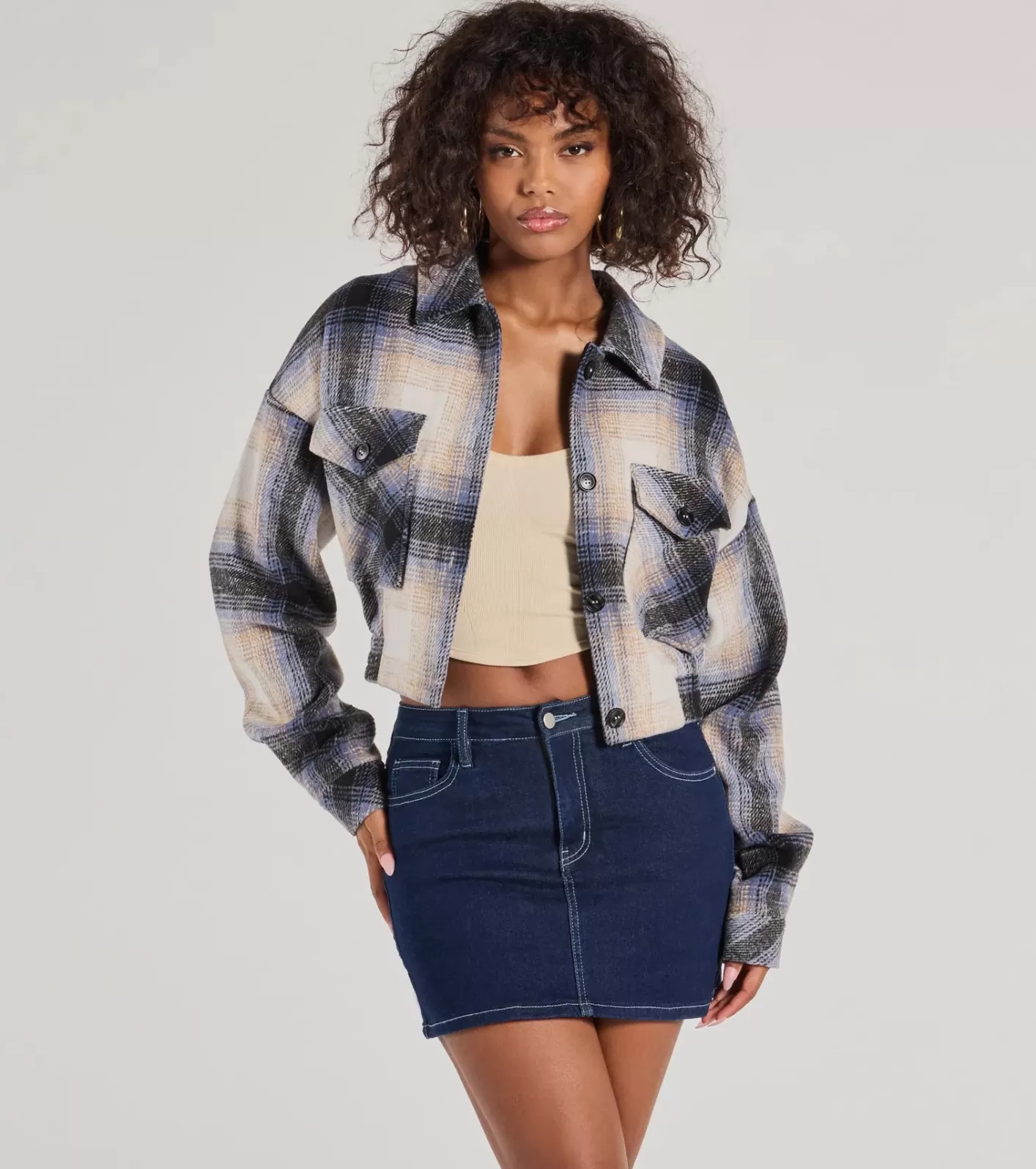 Windsor Casually Cozy Plaid Woven Cropped Shacket NAVY Cheap