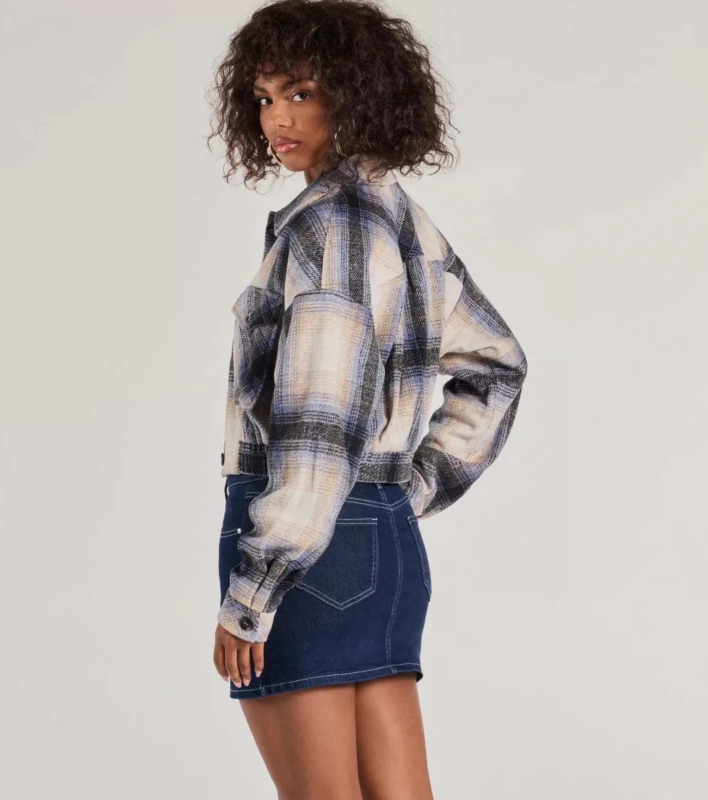 Windsor Casually Cozy Plaid Woven Cropped Shacket NAVY Cheap