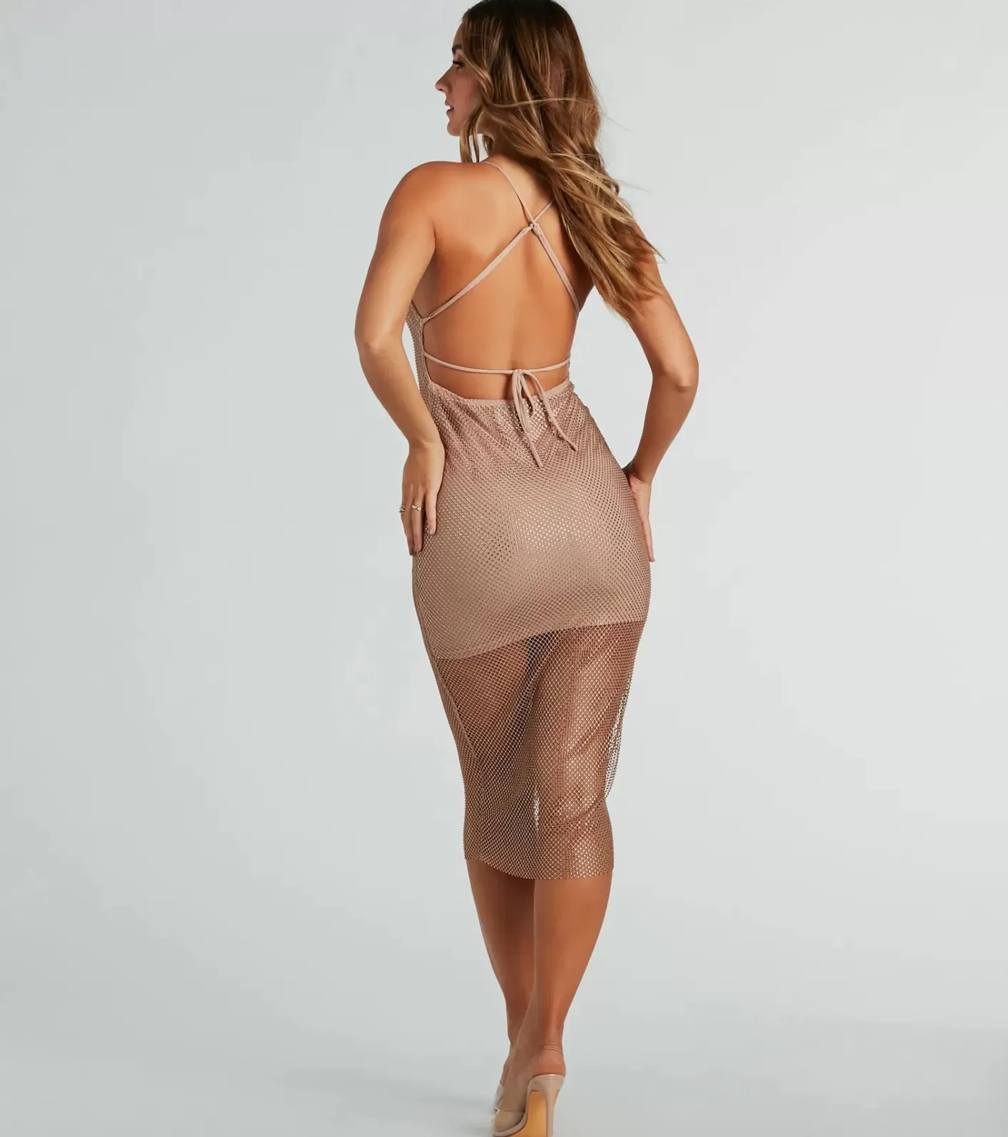 Windsor Caught In Good Vibes Fishnet Rhinestone Midi Dress TAUPE Cheap