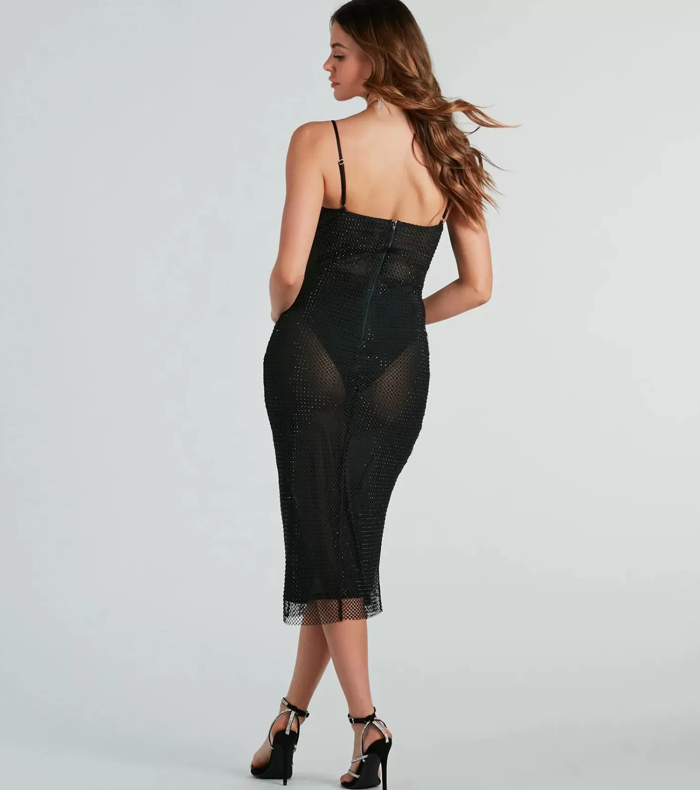 Windsor Caught In The Drama Rhinestone Fishnet Midi Dress BLACK Best