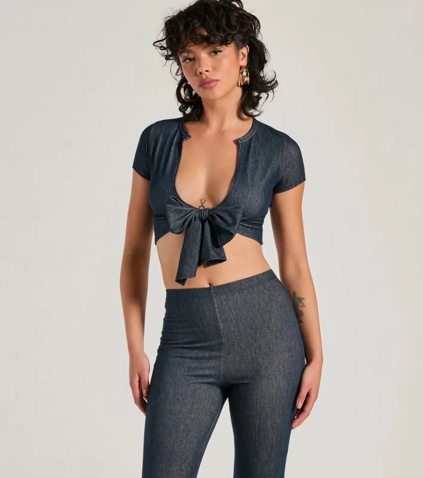 Windsor Cause A Commotion Tie Front Crop Top DENIM Best Sale