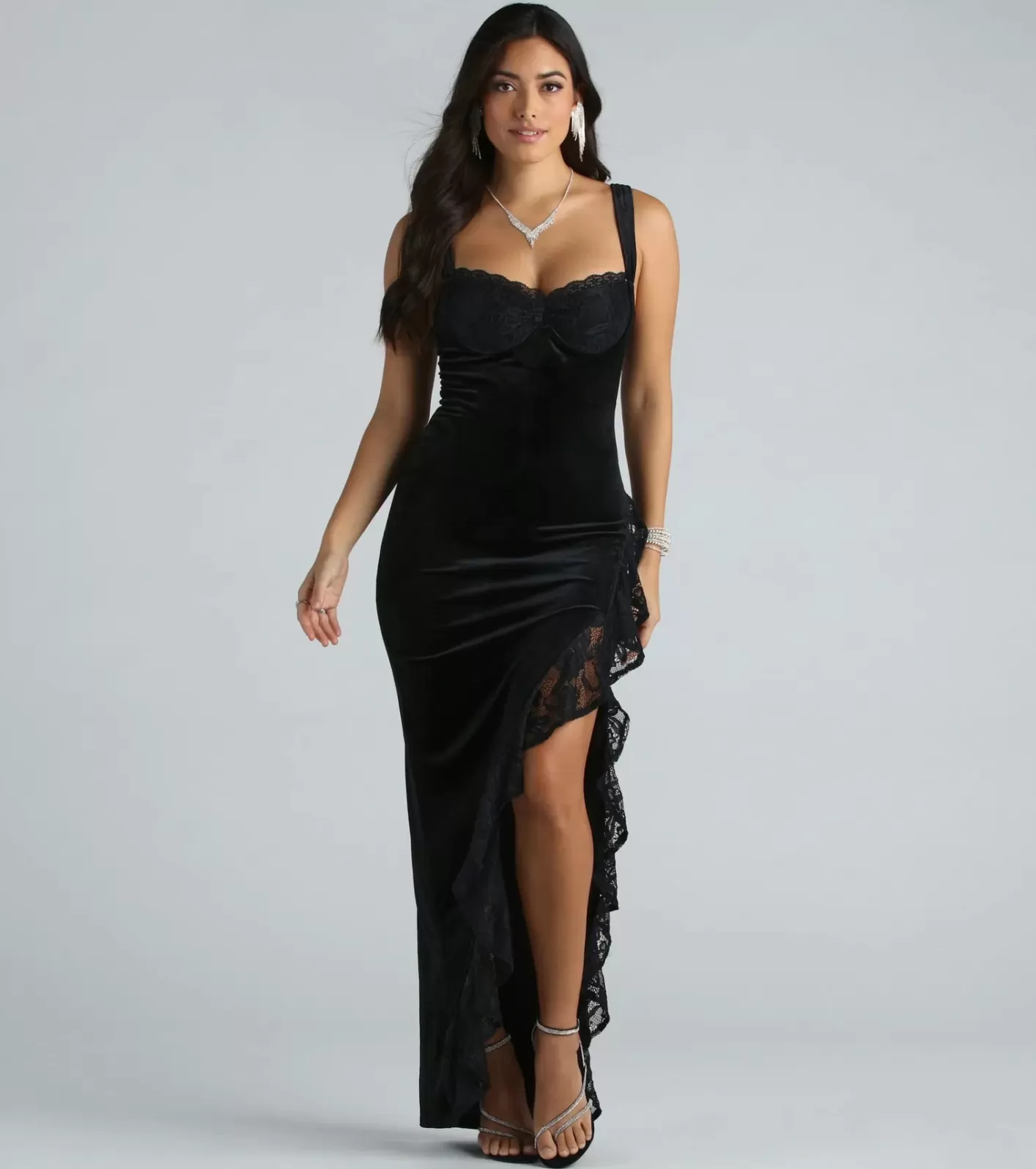 Windsor Cece Formal Velvet Lace Sweetheart Long Dress BLACK Hot