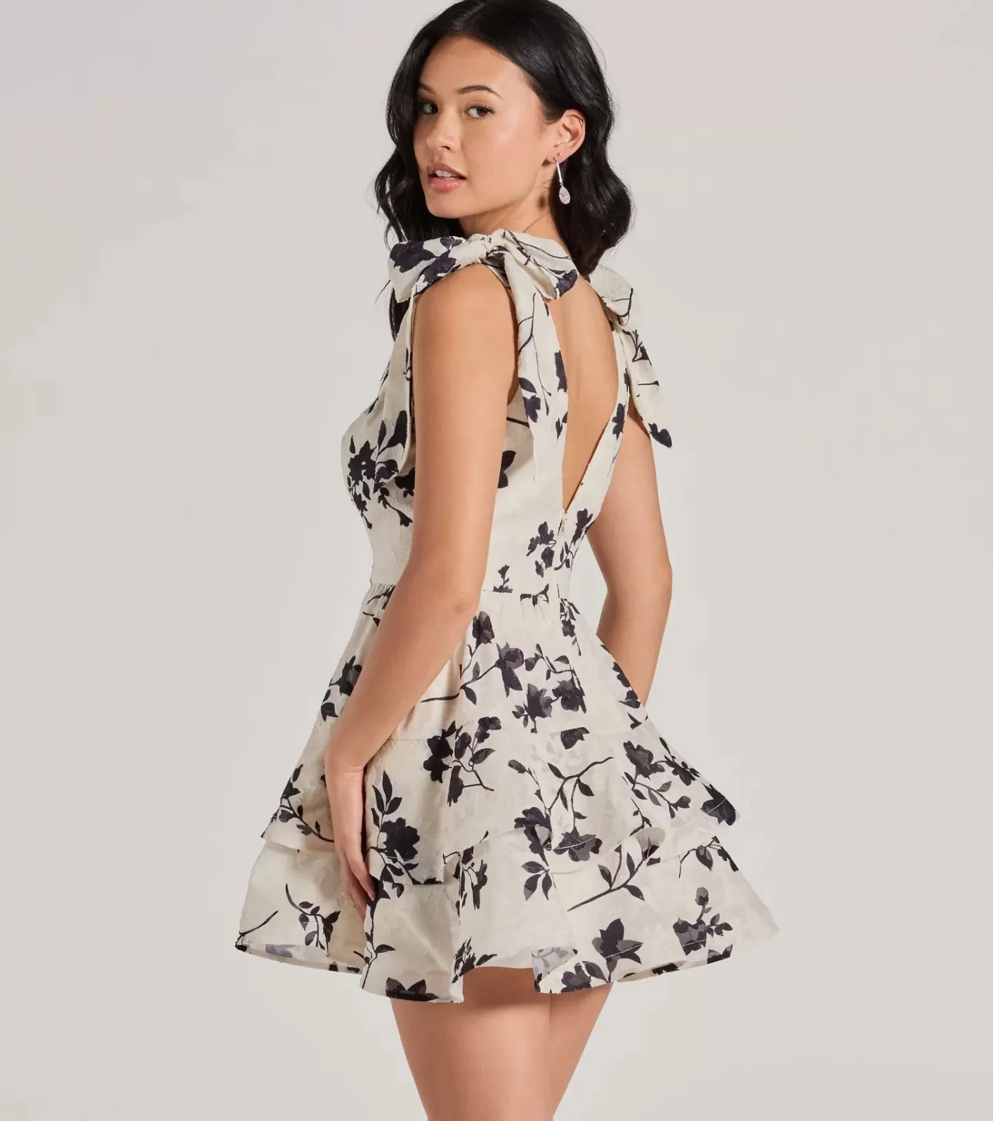 Windsor Chantel Bow Tie V-Neck Floral Ruffle Skater Dress IVORY Discount