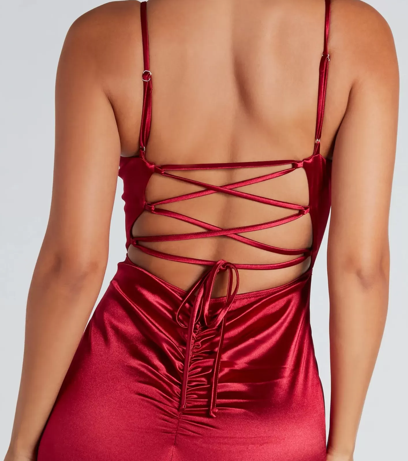 Windsor Chantel Formal Satin Corset Lace-Up Midi Dress RED Flash Sale
