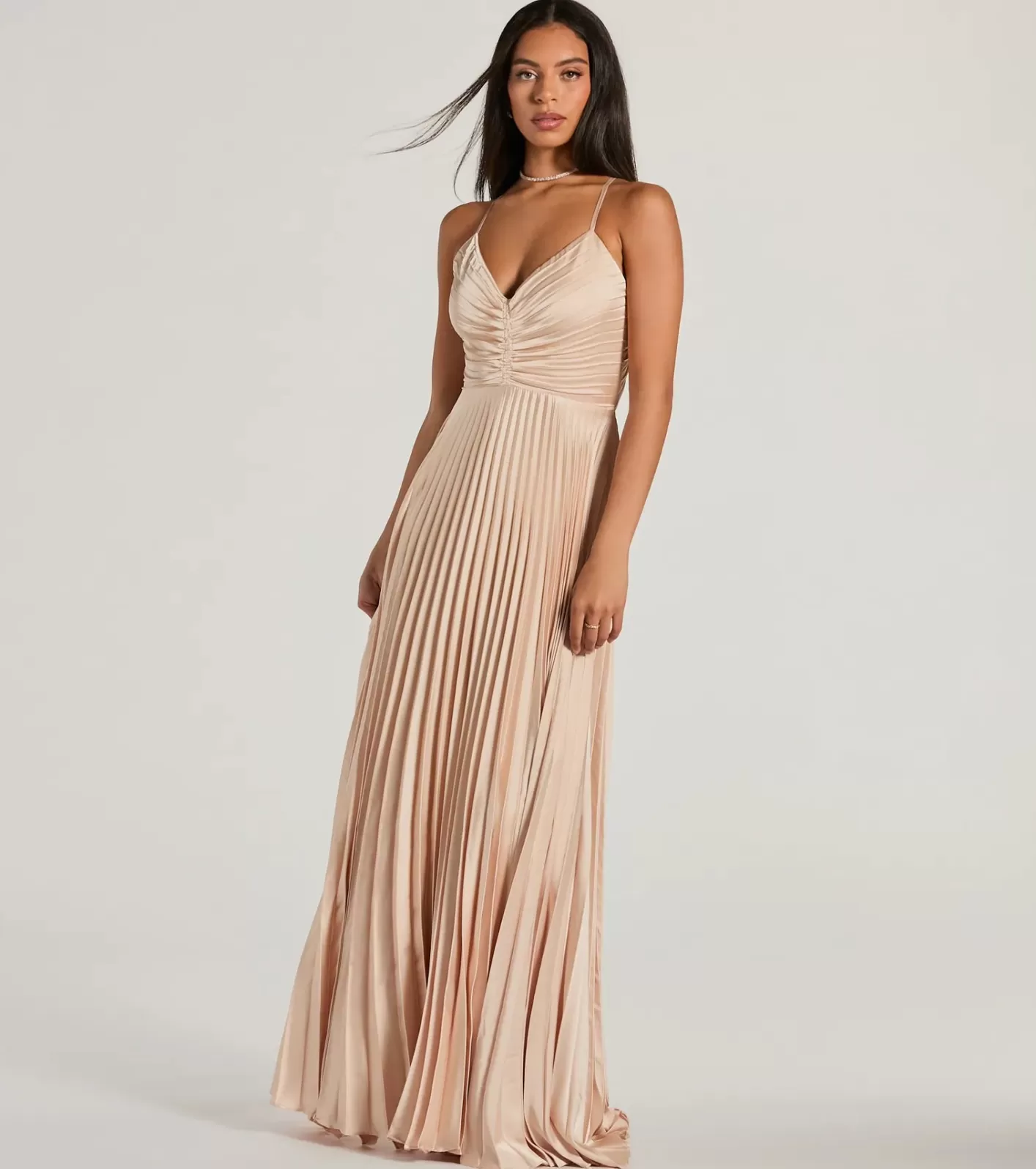 Windsor Charlie Lace-Up A-Line Pleated Satin Formal Dress GOLD Sale