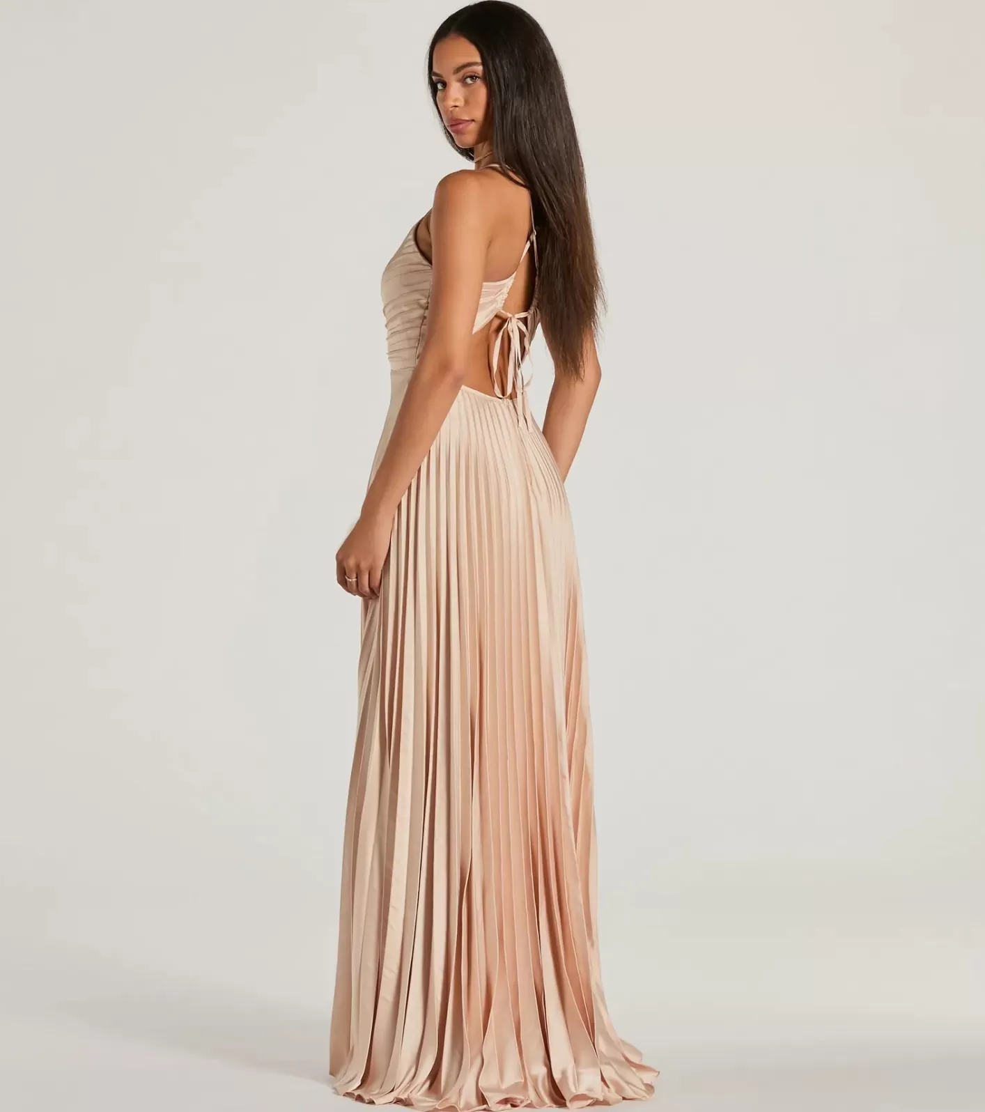 Windsor Charlie Lace-Up A-Line Pleated Satin Formal Dress GOLD Sale