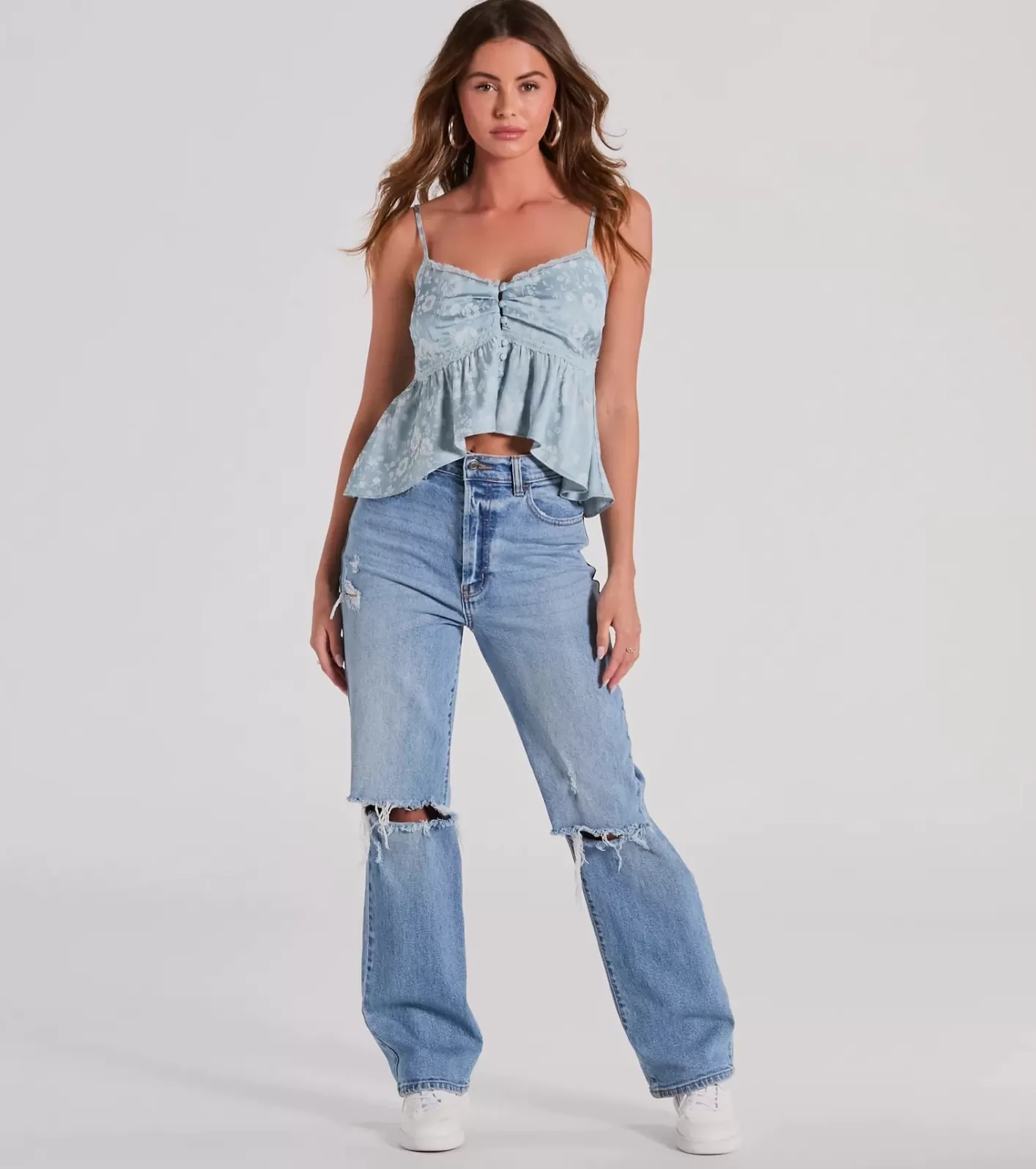 Windsor Charming And Sweet Button Down Floral Satin Crop Top BLUE-2 Outlet