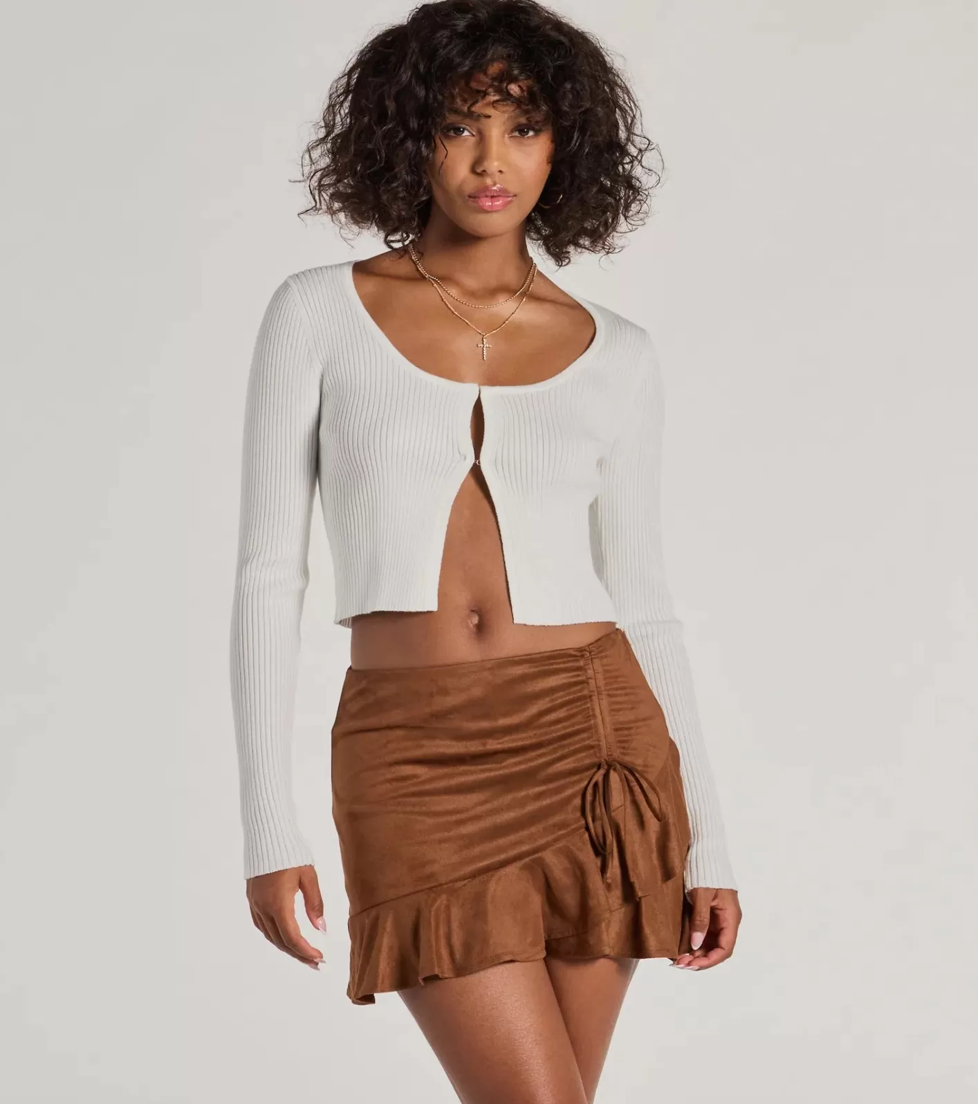 Windsor Charming Aura Faux Suede Ruched Ruffled Skort BROWN New