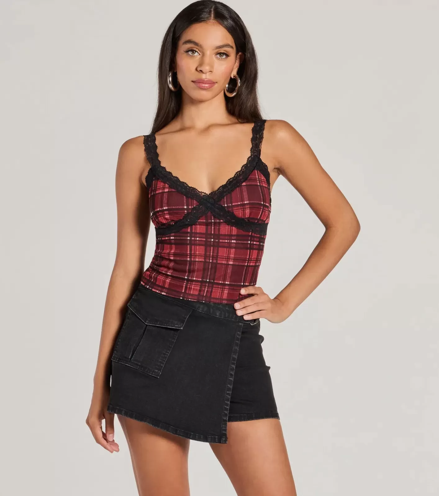 Windsor Check Me Out Lace Trim Plaid Crop Top RED Best Sale