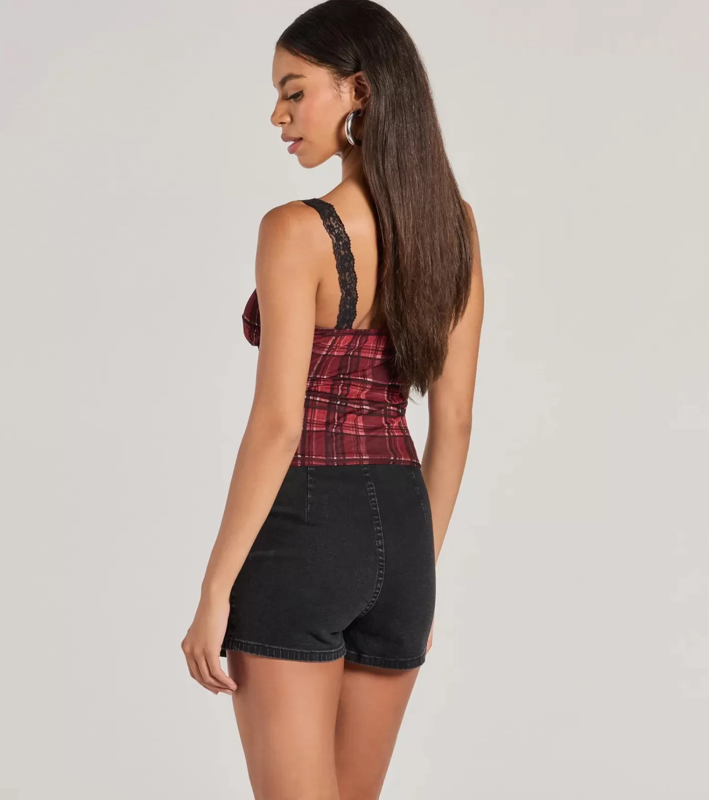 Windsor Check Me Out Lace Trim Plaid Crop Top RED Best Sale
