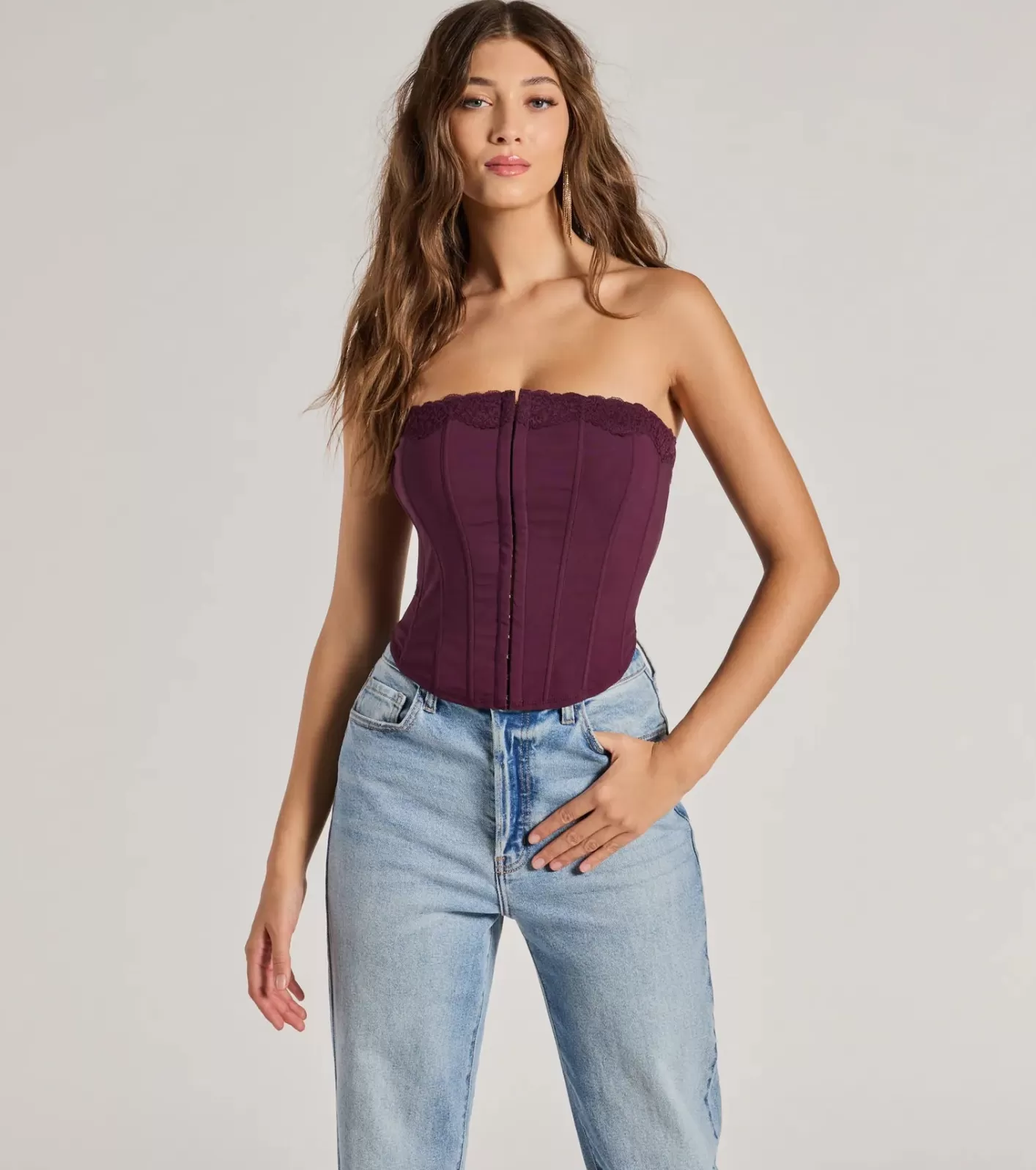 Windsor Chic And Snatched Strapless Lace Trim Corset Top PLUM Best Sale