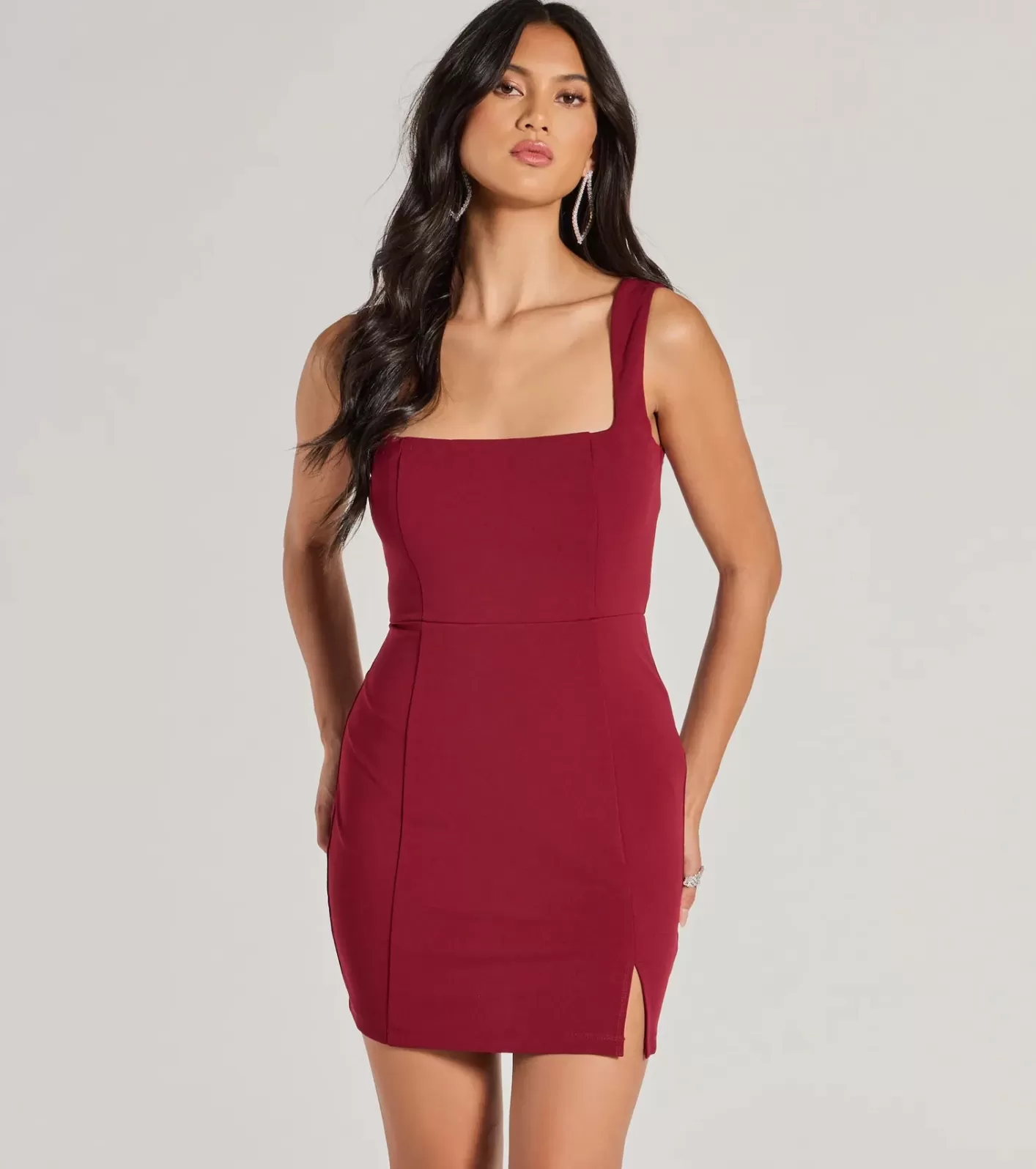 Windsor Chic Details Square Neck Bodycon Mini Dress BURGUNDY Cheap