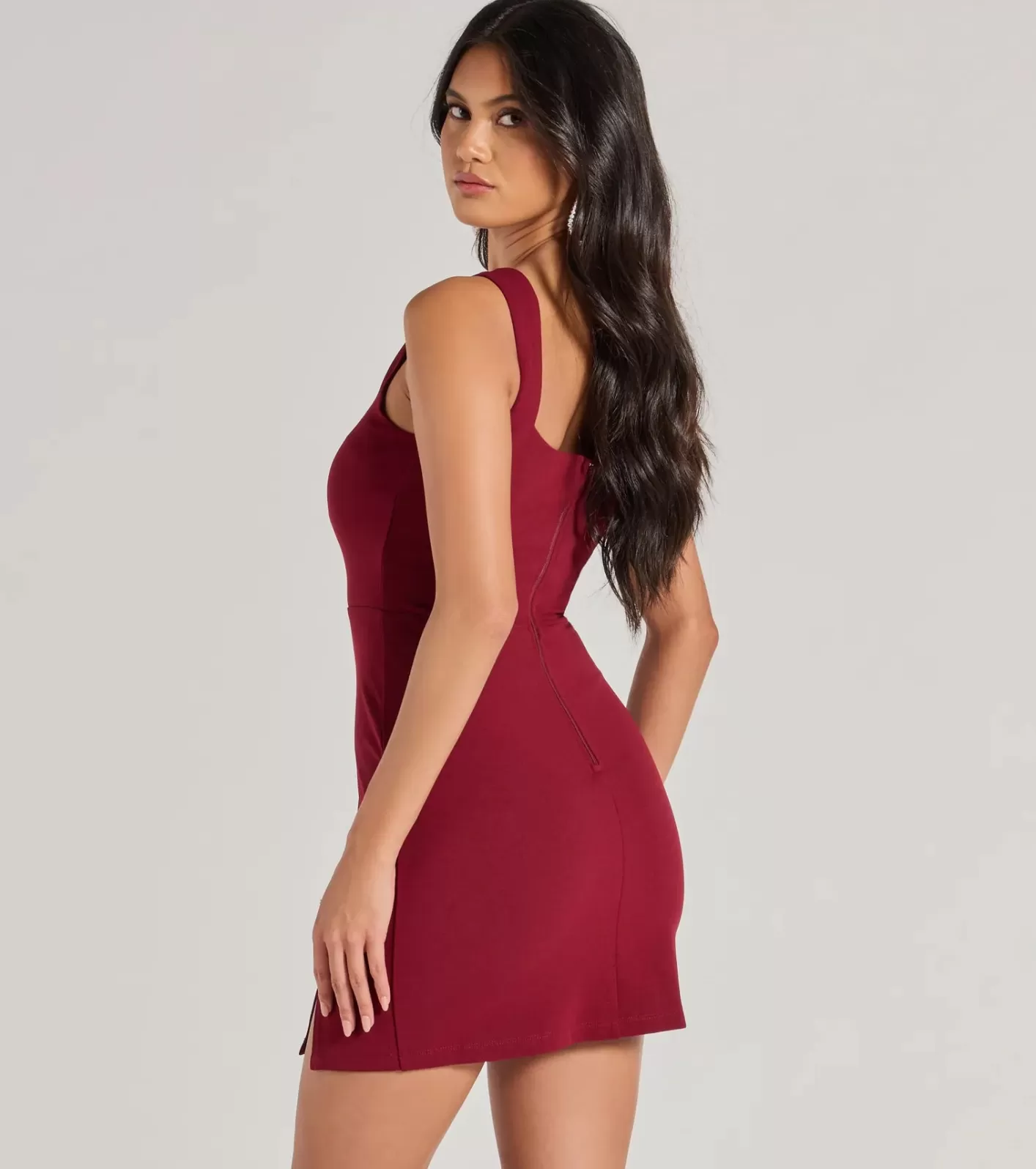 Windsor Chic Details Square Neck Bodycon Mini Dress BURGUNDY Cheap