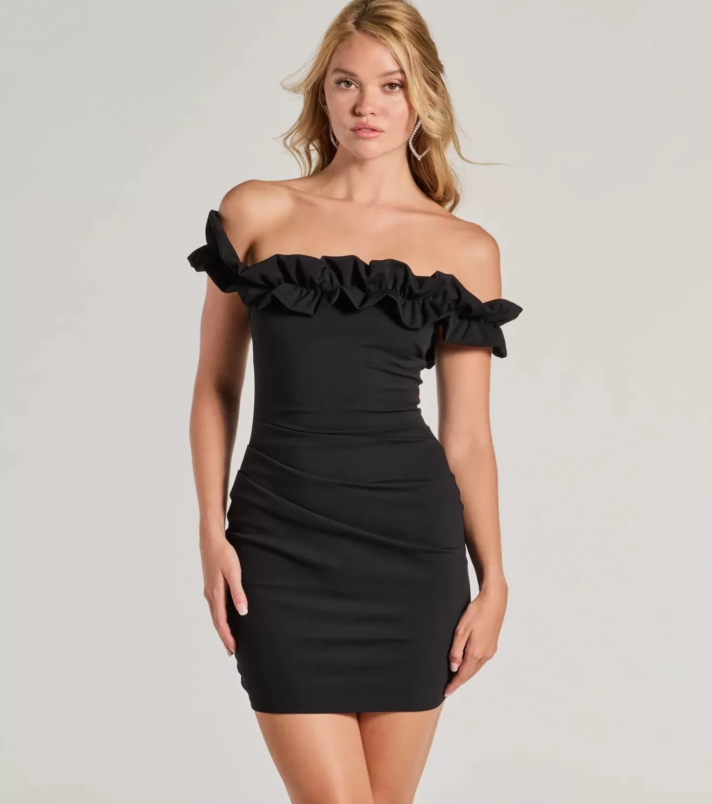 Windsor Chic Factor Ruffled Off-The-Shoulder Mini Dress BLACK New