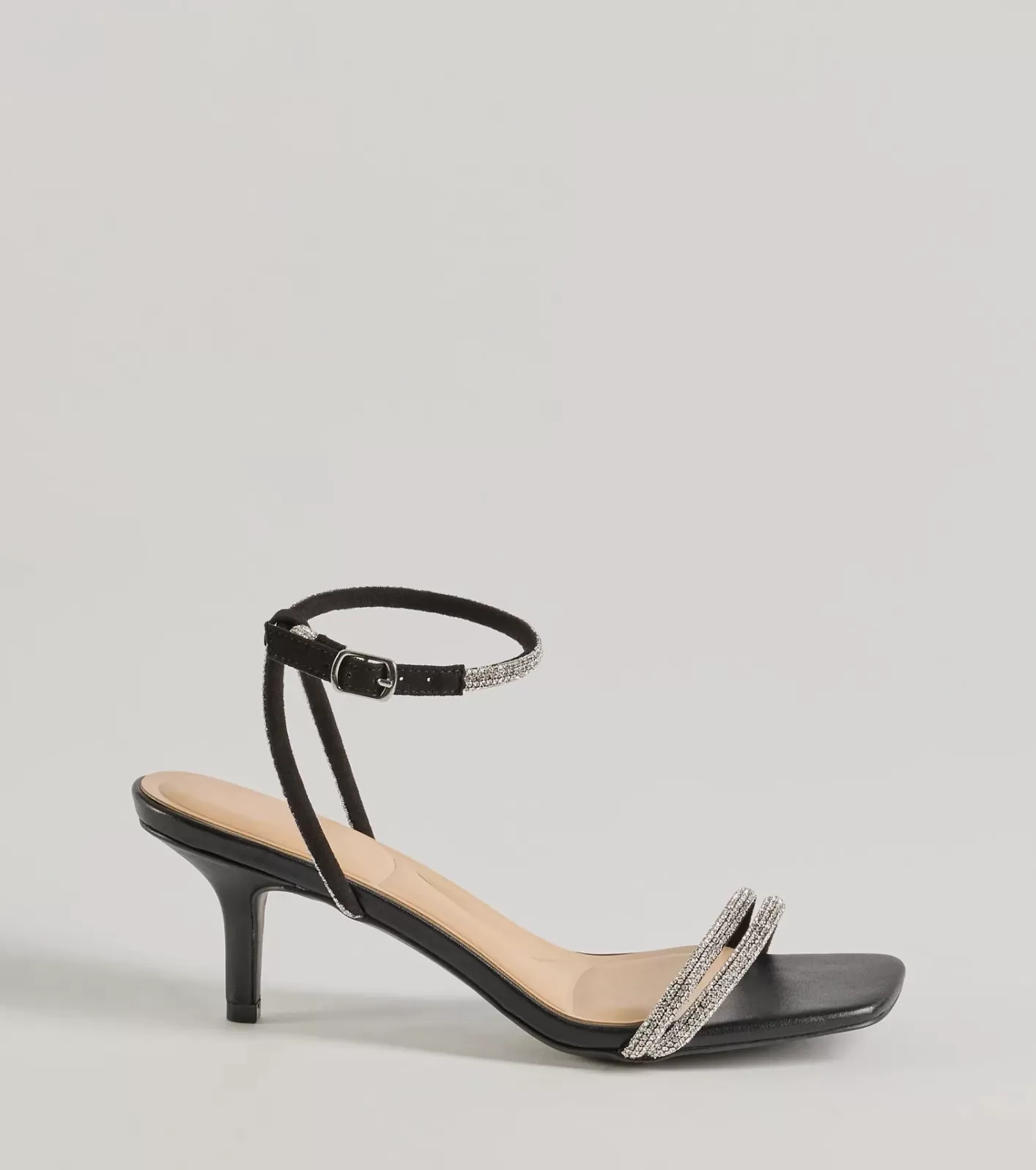 Windsor Chic Glamour Rhinestone Strappy Stiletto Kitten Heels BLACK Store
