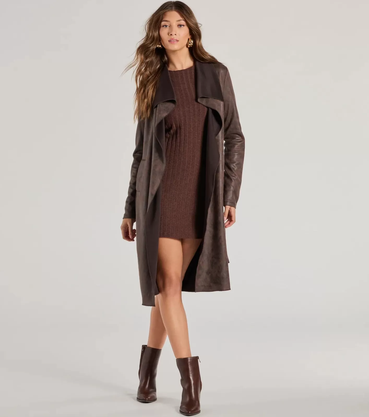 Windsor Chic Impression Faux Suede Belted Trench Coat BROWN Best