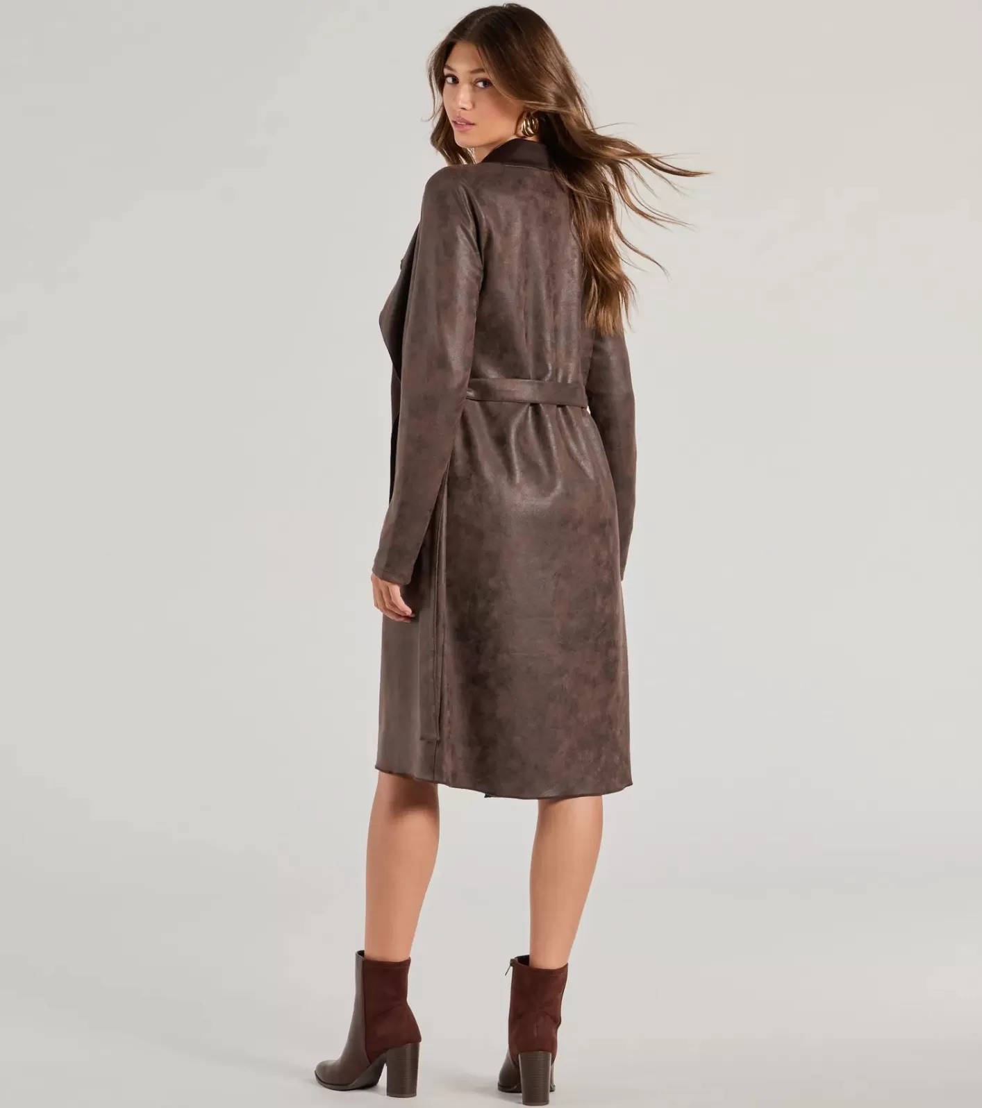 Windsor Chic Impression Faux Suede Belted Trench Coat BROWN Best