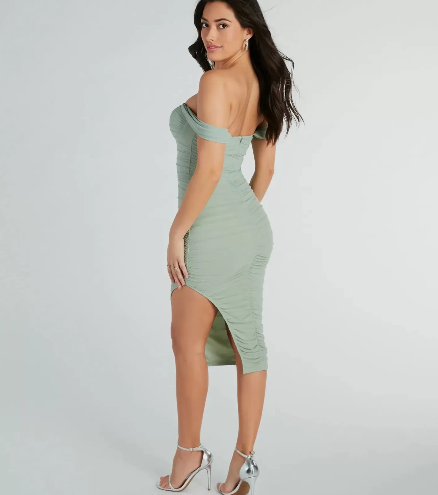 Windsor Chic Invite Off-The-Shoulder Mesh Midi Dress SAGE Best
